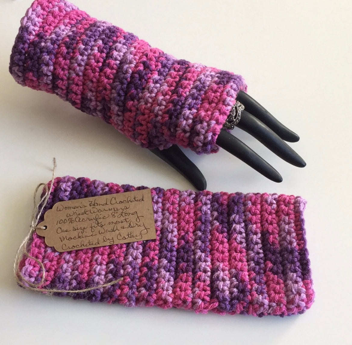 Writing Tech Fingerless Gloves Marbled Pink Purple Crochet Knit Fall Winter Gaming Texting Wrist Warmers