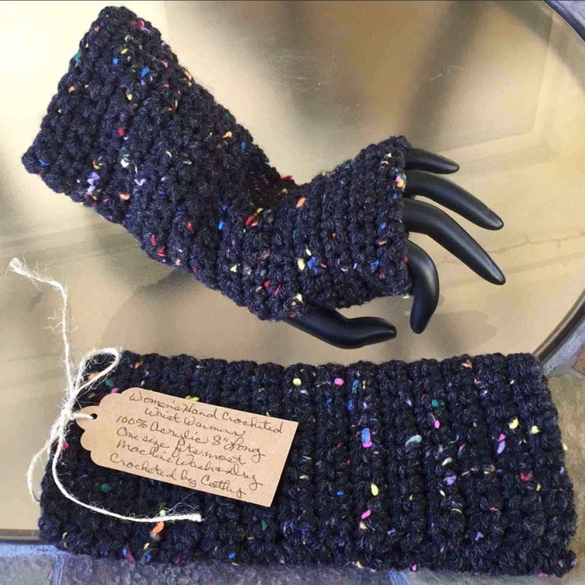 Charcoal & Rainbow Speckled Tweed Texting Fingerless Gloves Crochet Knit Fall Winter Hiking Walking Wrist Warmers Outdoor Camping Gaming 1 displayed on mannequin hand, 1 flat