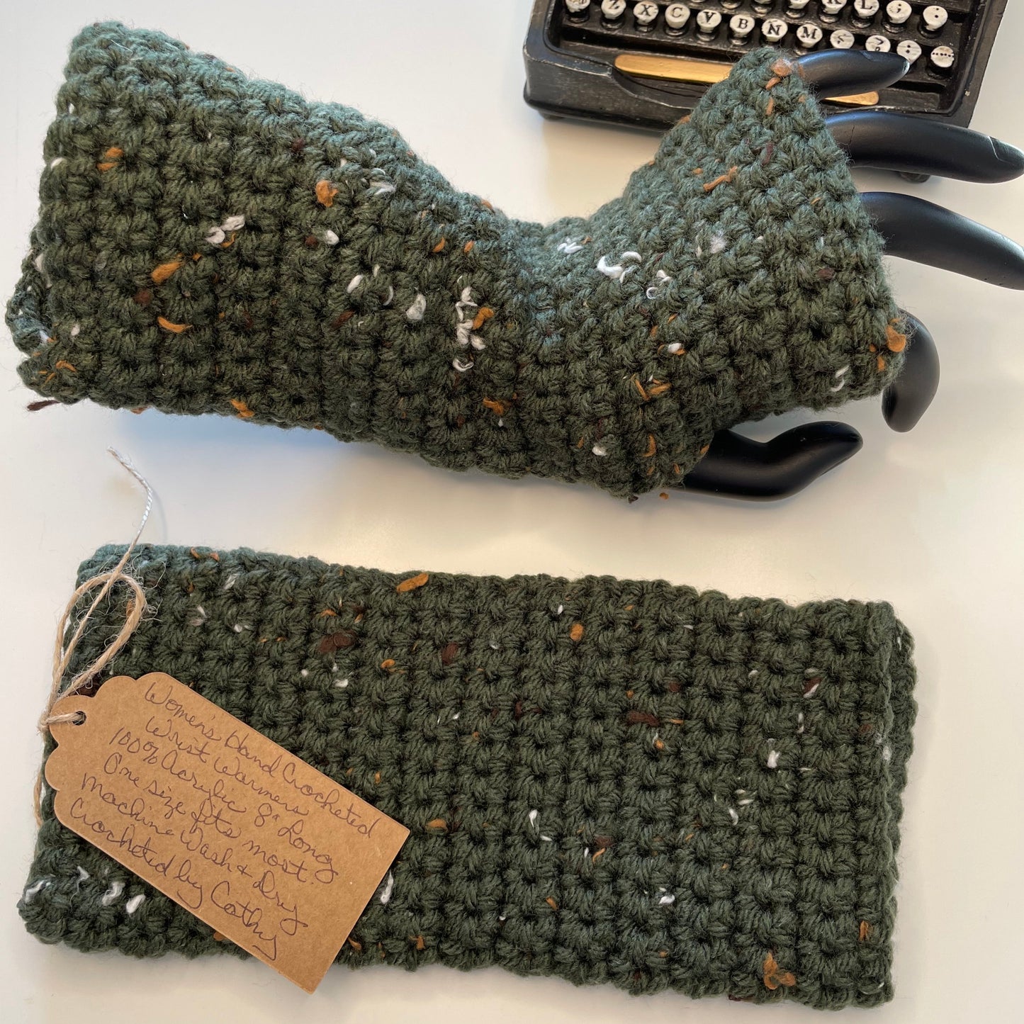 Dark Charcoal Green Tweed Texting Fingerless Gloves Crochet Knit Fall Winter Gaming Tech Wrist Warmers Speckled Army Outdoor displayed 1 flat, one on mannequin hand