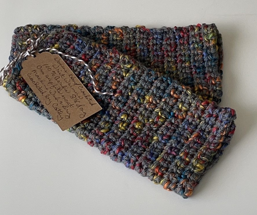 Extra Soft Gray & Rainbow Speckle Gaming Texting Writing Tech Fingerless Gloves Wrist Warmer laid flat on a white table