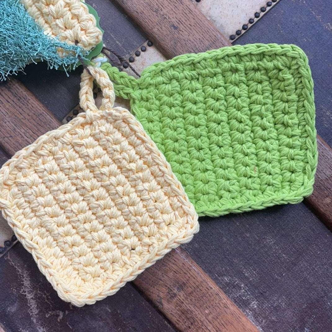 Crochet Kitchen Set in Lime Green & Yellow Pot Holder Handle Cover Dish Scrubby