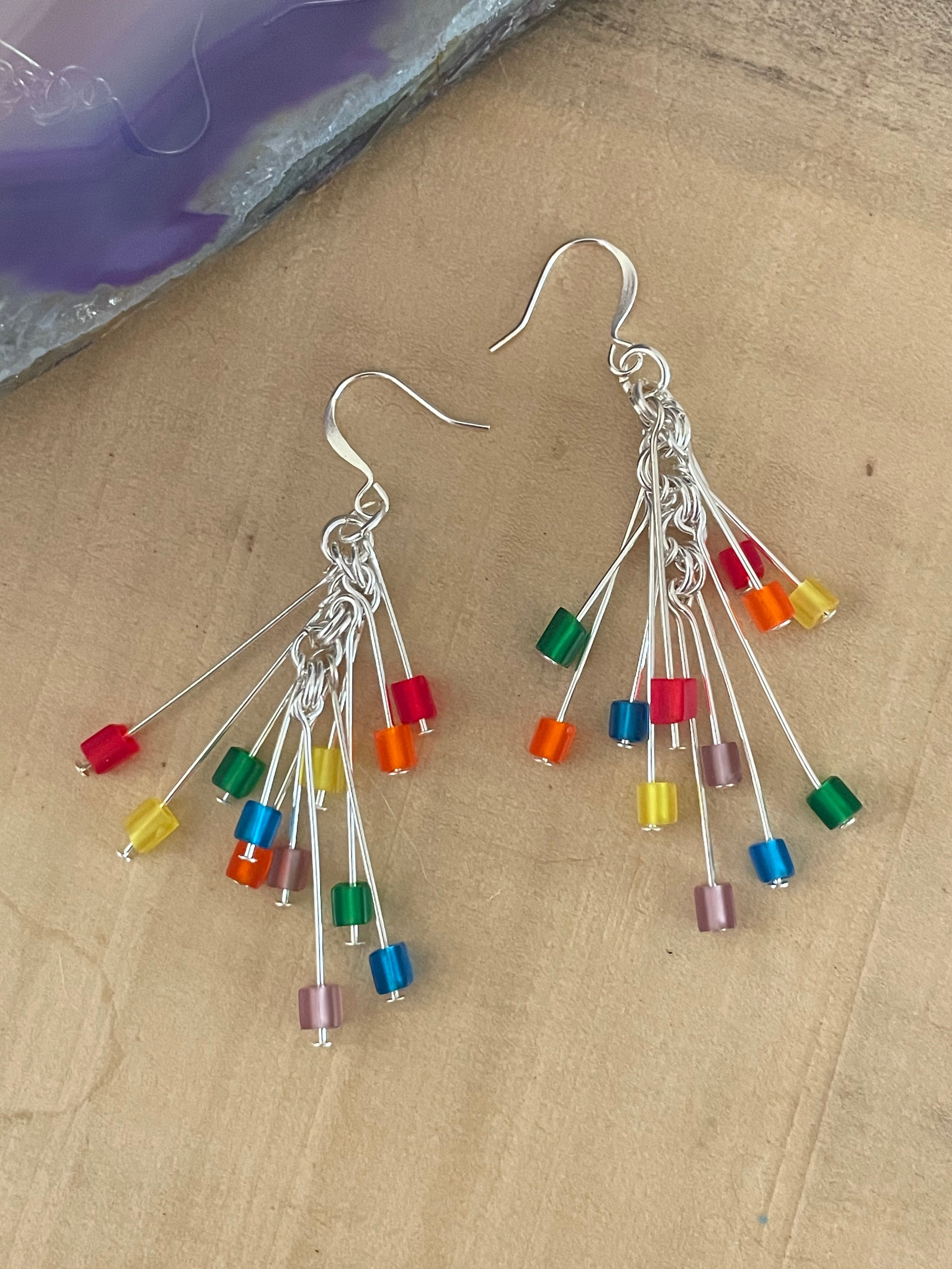 Long Rainbow Firework Dangle Earrings 2.75" Colorful Frosted Glass Pride LGBTQ Ally Hand Crafted