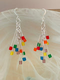 Long Rainbow Firework Dangle Earrings 2.75" Colorful Frosted Glass Pride LGBTQ Ally Hand Crafted
