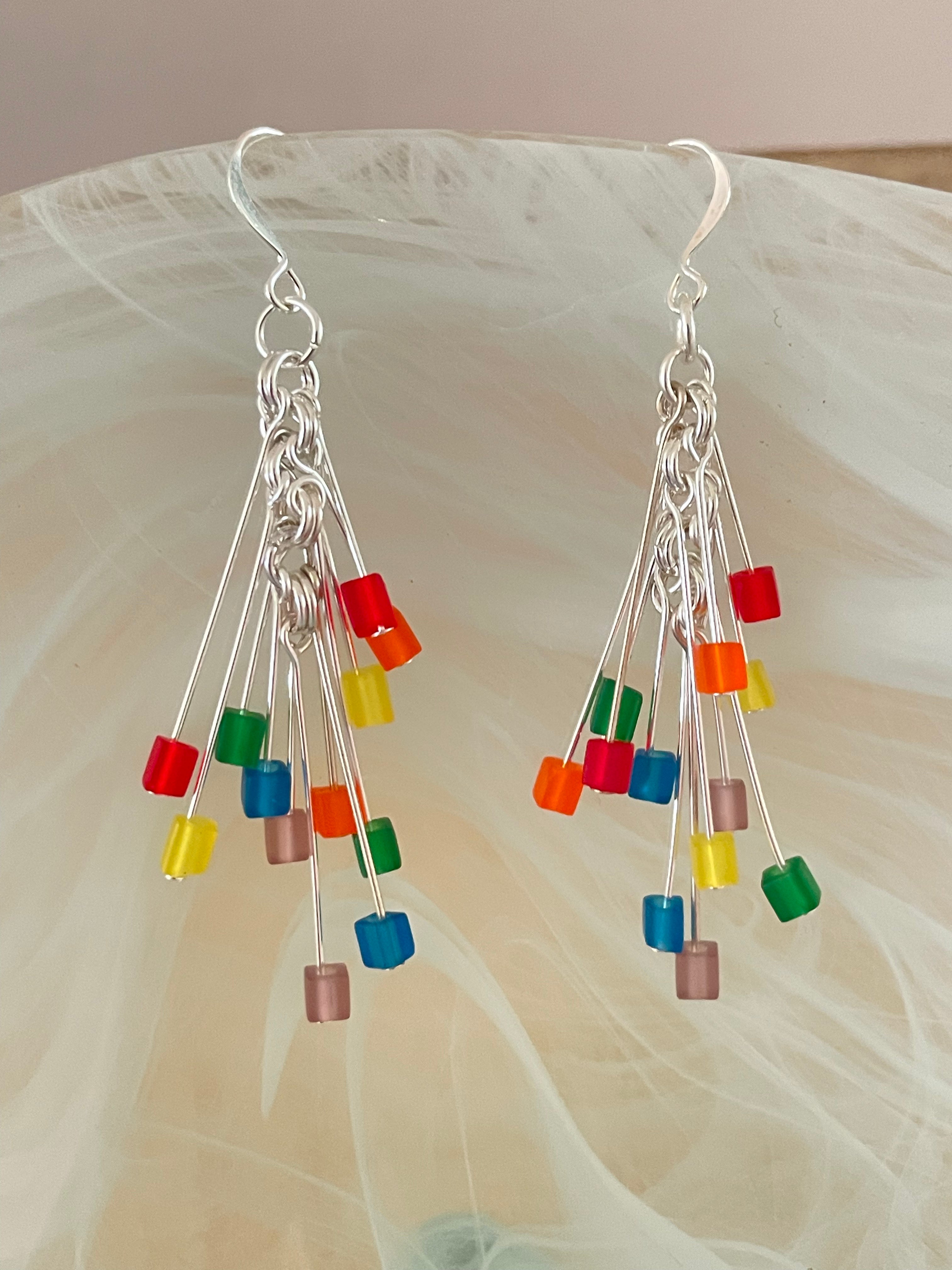 Long Rainbow Firework Dangle Earrings 2.75" Colorful Frosted Glass Pride LGBTQ Ally Hand Crafted