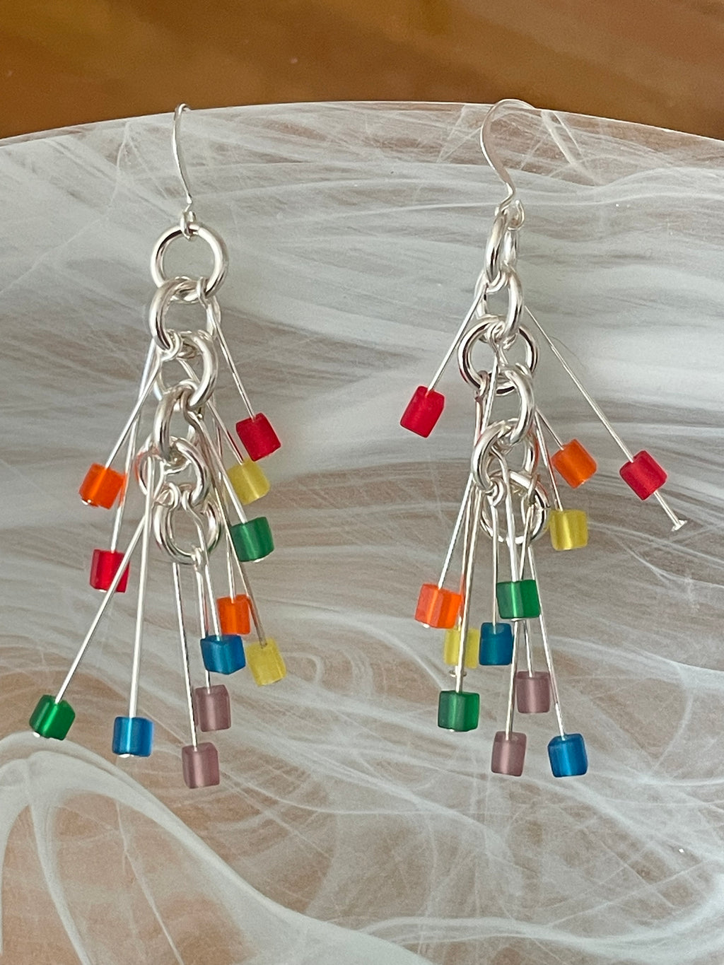 Long Rainbow Firework Dangle Earrings 3" Colorful Frosted Glass Pride LGBTQ Ally Hand Crafted Med Chain