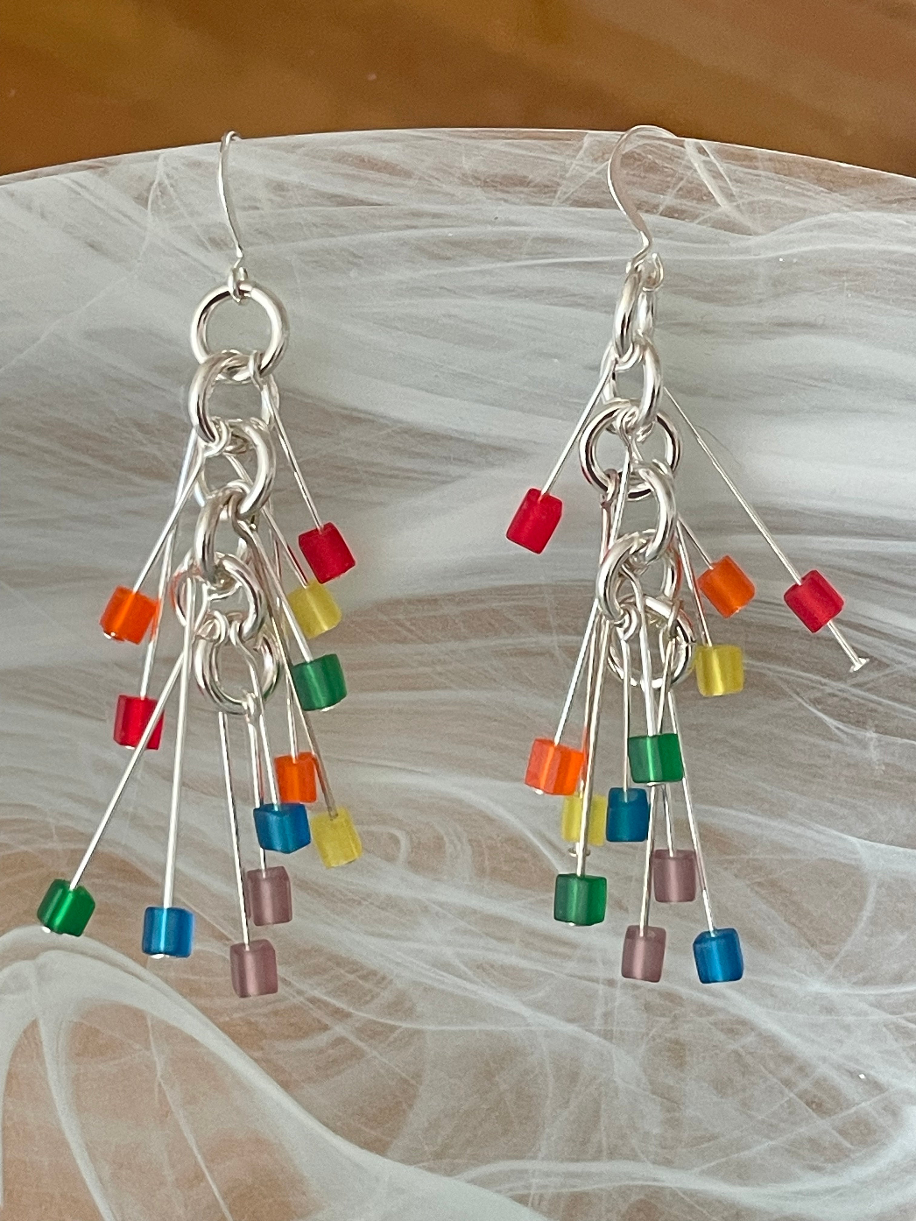 Long Rainbow Firework Dangle Earrings 3" Colorful Frosted Glass Pride LGBTQ Ally Hand Crafted Med Chain