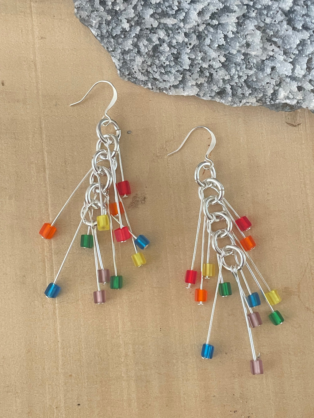 Long Rainbow Firework Dangle Earrings 3" Colorful Frosted Glass Pride LGBTQ Ally Hand Crafted Med Chain
