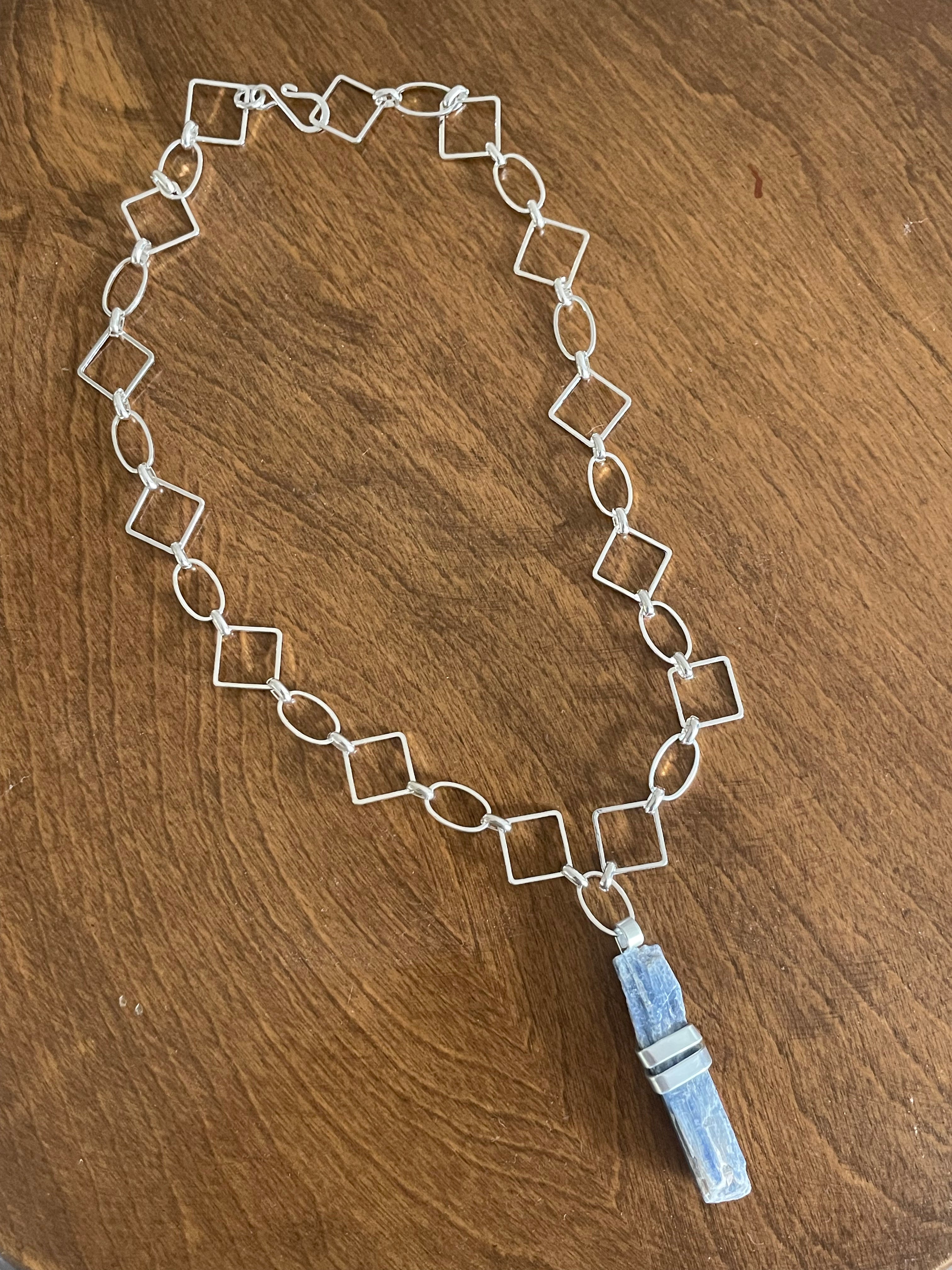 Wrapped Raw Blue Kyanite Pendant Necklace Large Link Chain Boho Coastal Vacay Women's Statement Jewelry Bold