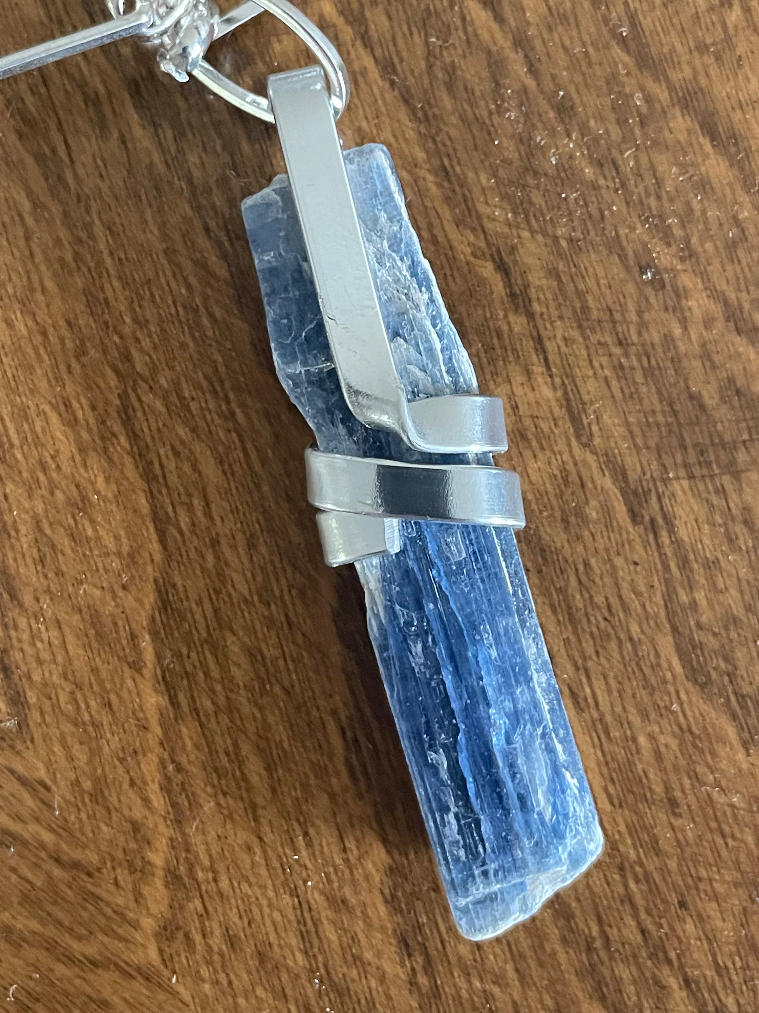 Wrapped Raw Blue Kyanite Pendant Necklace Large Link Chain Boho Coastal Vacay Women's Statement Jewelry Bold