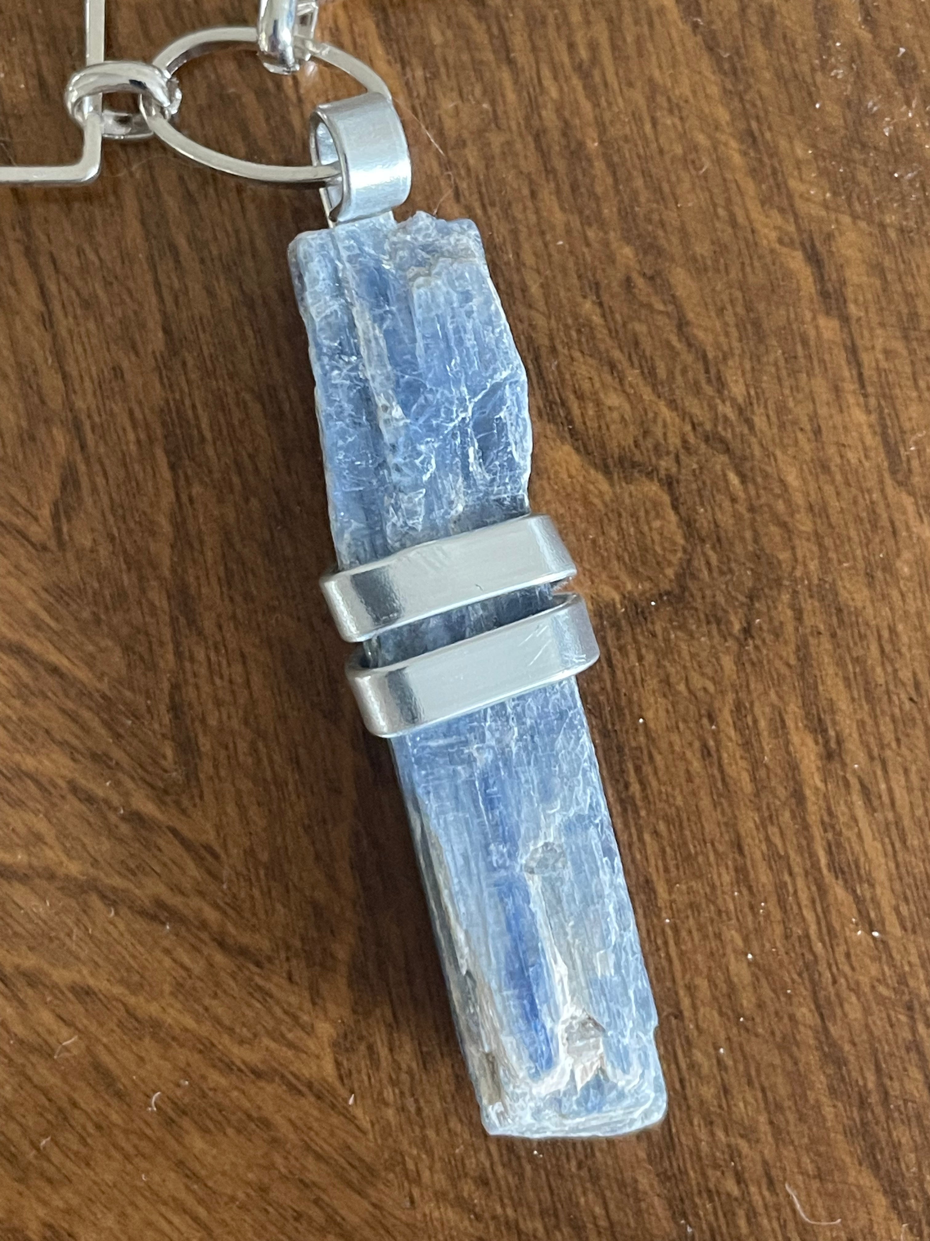 Wrapped Raw Blue Kyanite Pendant Necklace Large Link Chain Boho Coastal Vacay Women's Statement Jewelry Bold