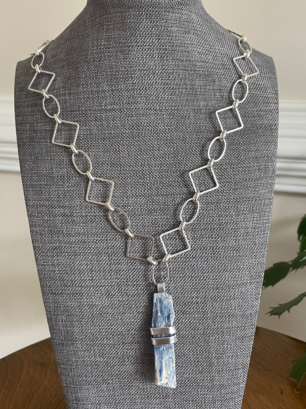 Wrapped Raw Blue Kyanite Pendant Necklace Large Link Chain Boho Coastal Vacay Women's Statement Jewelry Bold