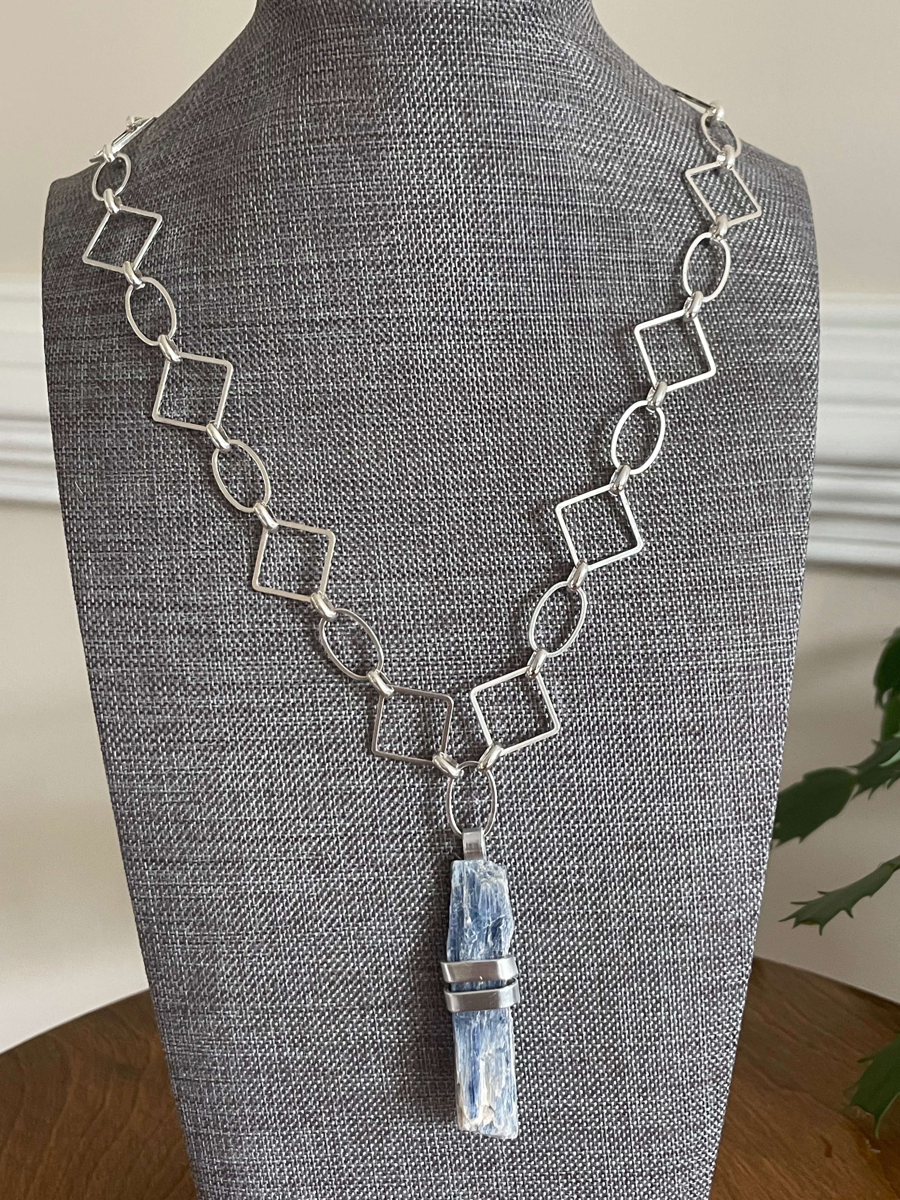 Wrapped Raw Blue Kyanite Pendant Necklace Large Link Chain Boho Coastal Vacay Women's Statement Jewelry Bold
