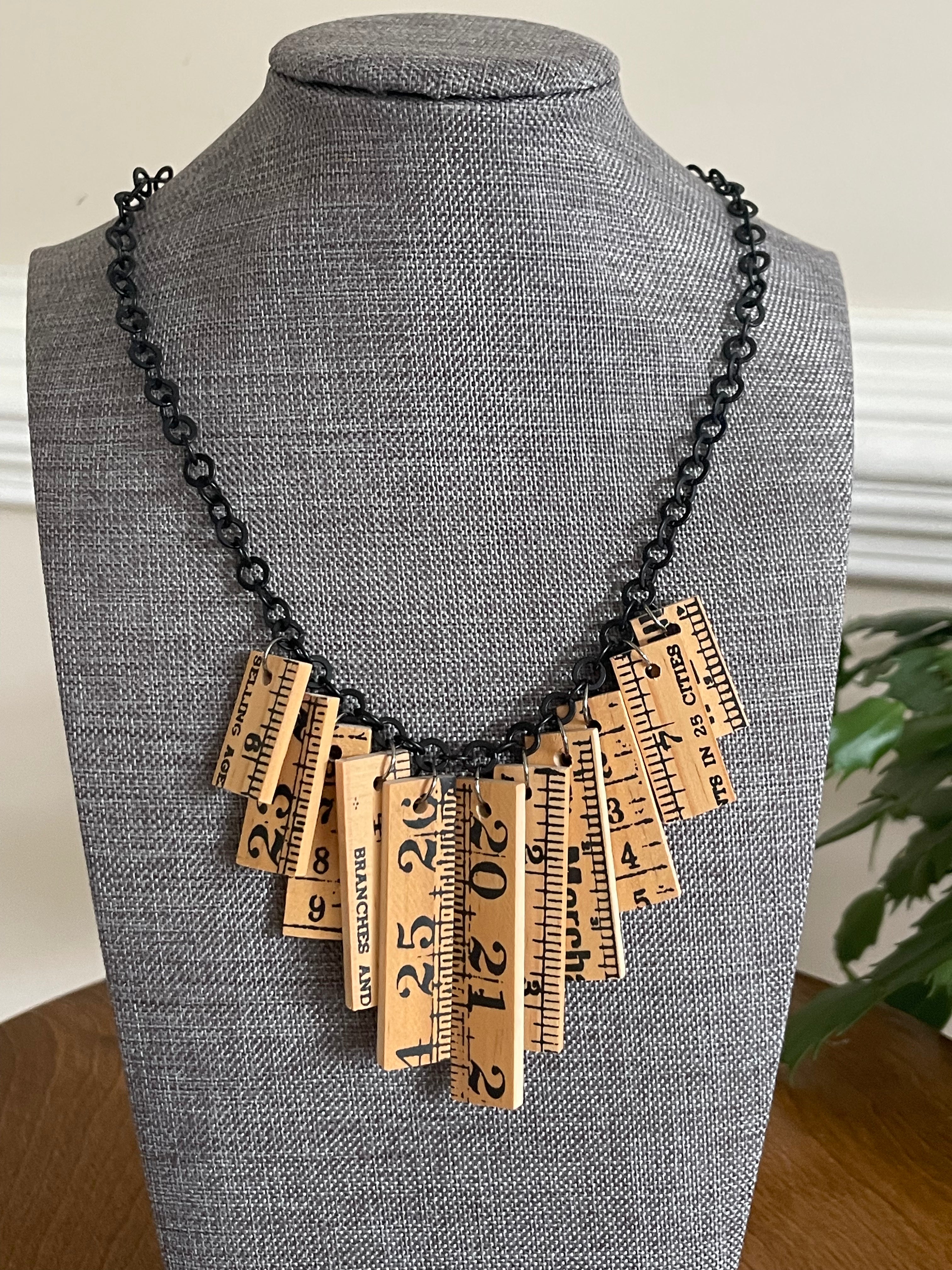Wooden Ruler & Black Chain Necklace Upcycled Women's Statement Gift Teacher Math Lover Scientist Nerd