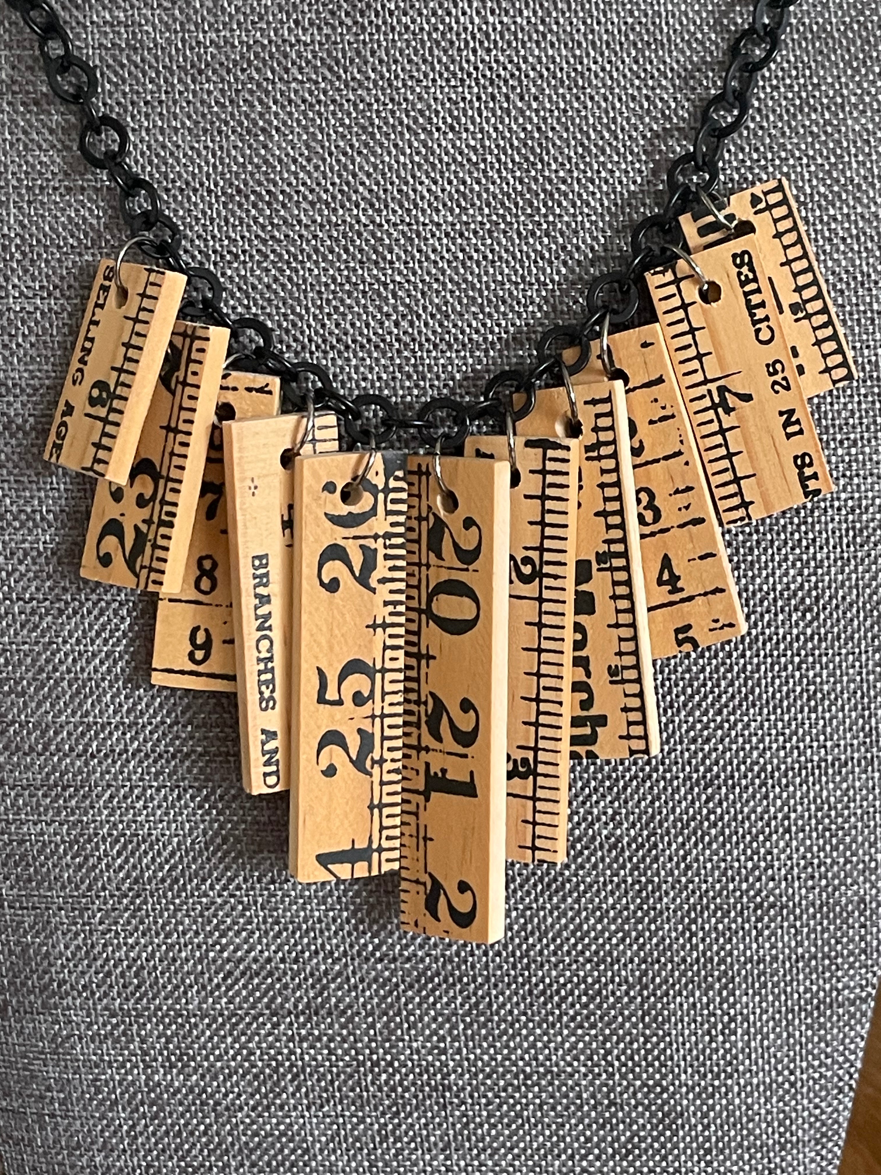 Wooden Ruler & Black Chain Necklace Upcycled Women's Statement Gift Teacher Math Lover Scientist Nerd