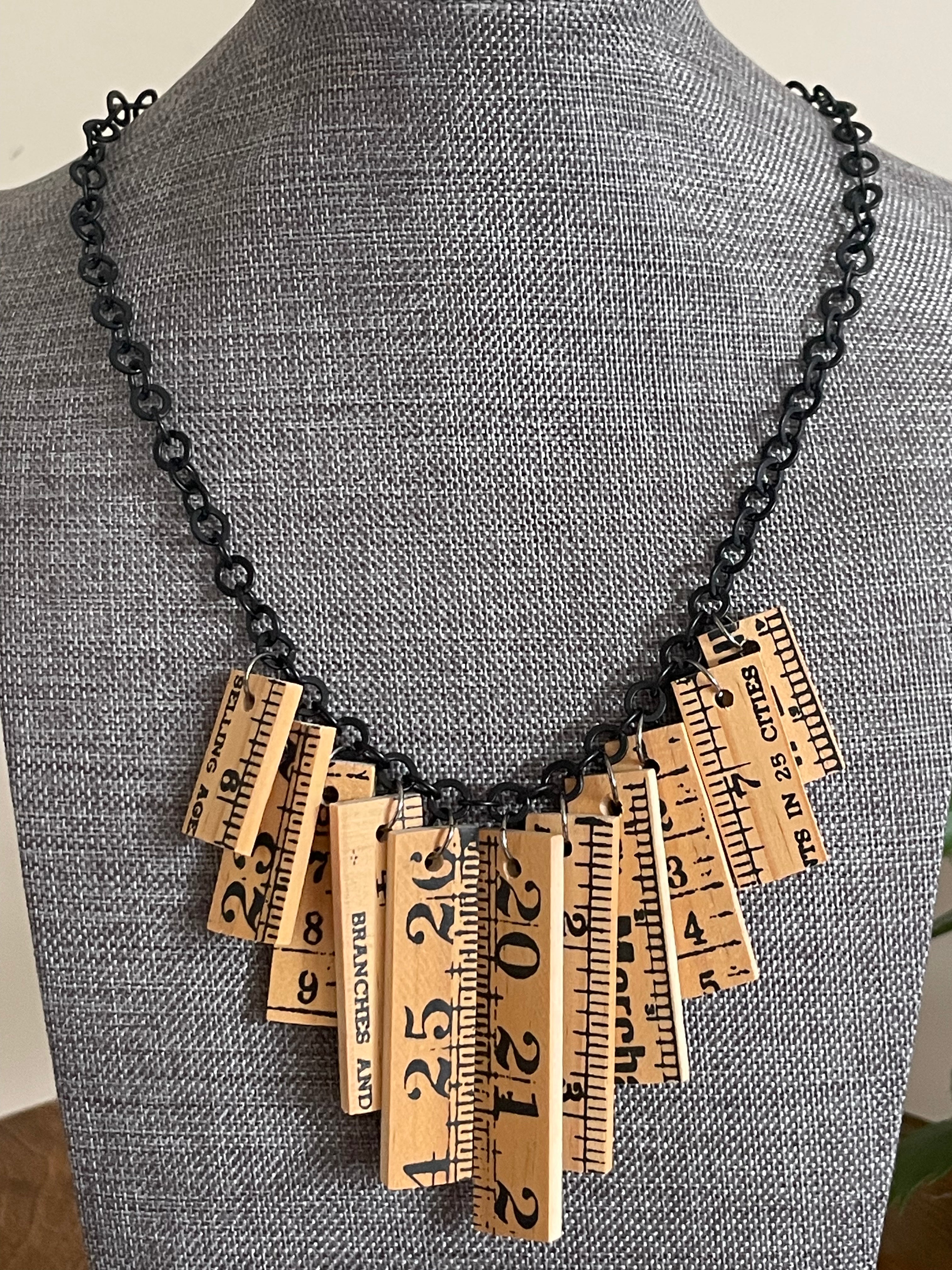 Wooden Ruler & Black Chain Necklace Upcycled Women's Statement Gift Teacher Math Lover Scientist Nerd