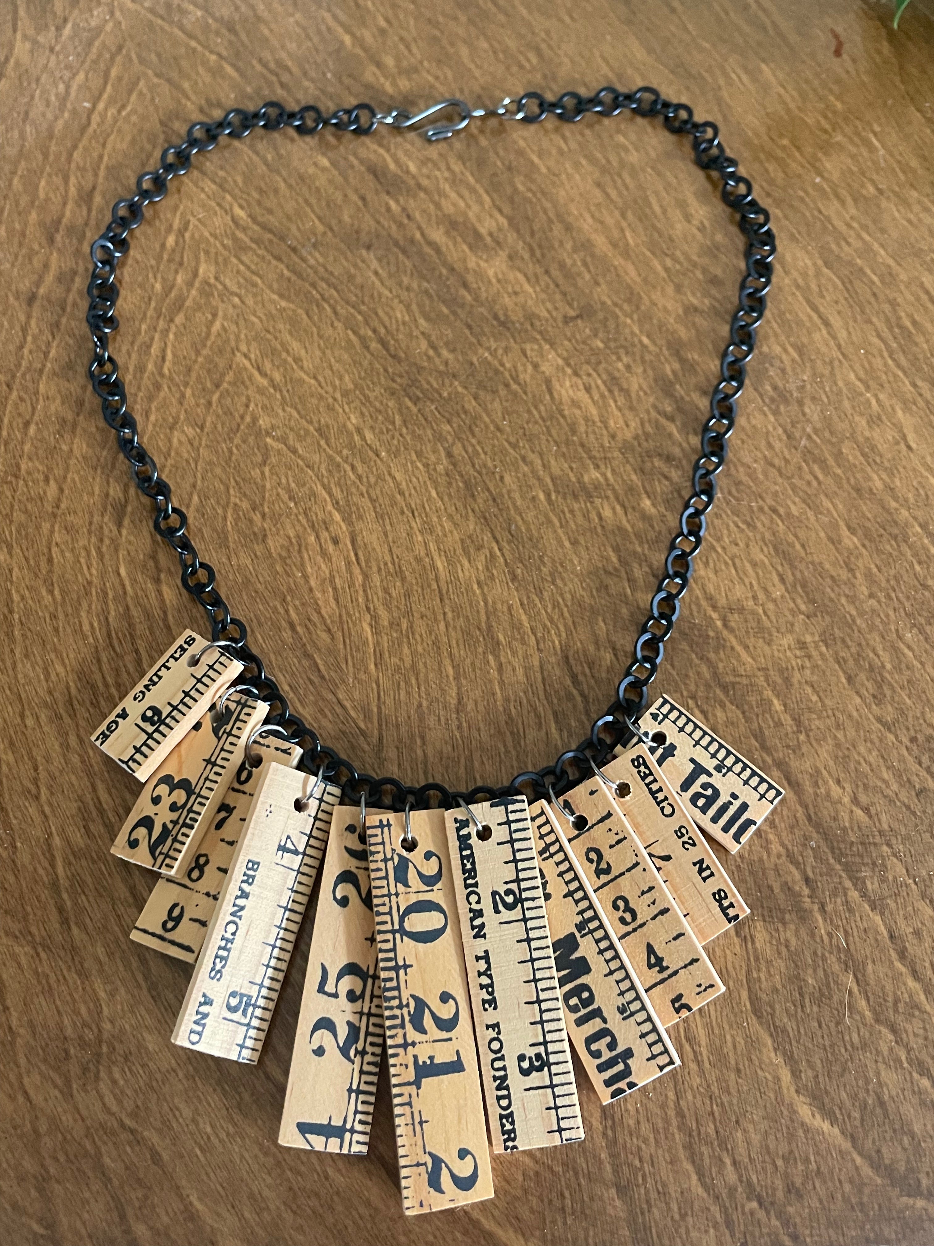 Wooden Ruler & Black Chain Necklace Upcycled Women's Statement Gift Teacher Math Lover Scientist Nerd