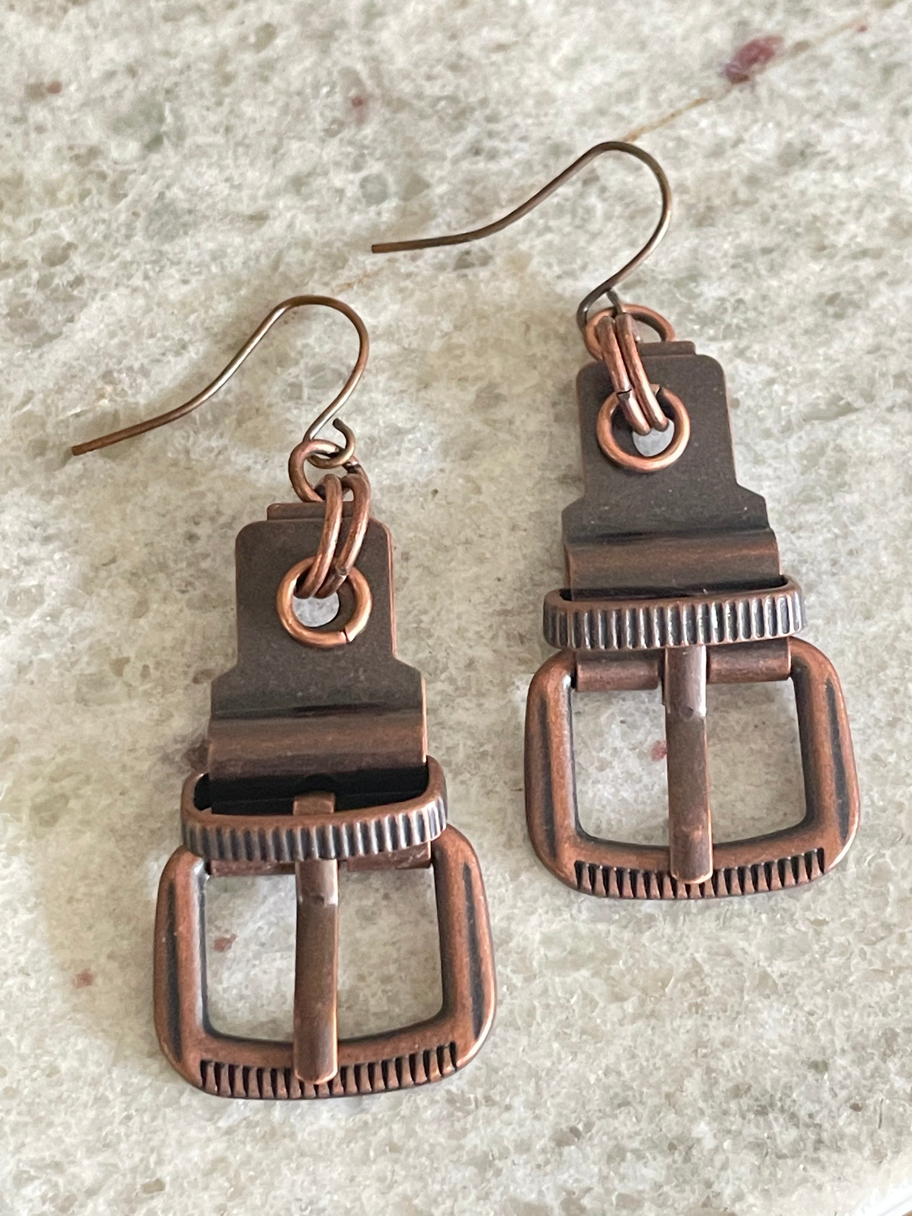 Copper Mini Belt Buckle Earrings 2" Steampunk Punk Women's Casual Everyday Jewelry