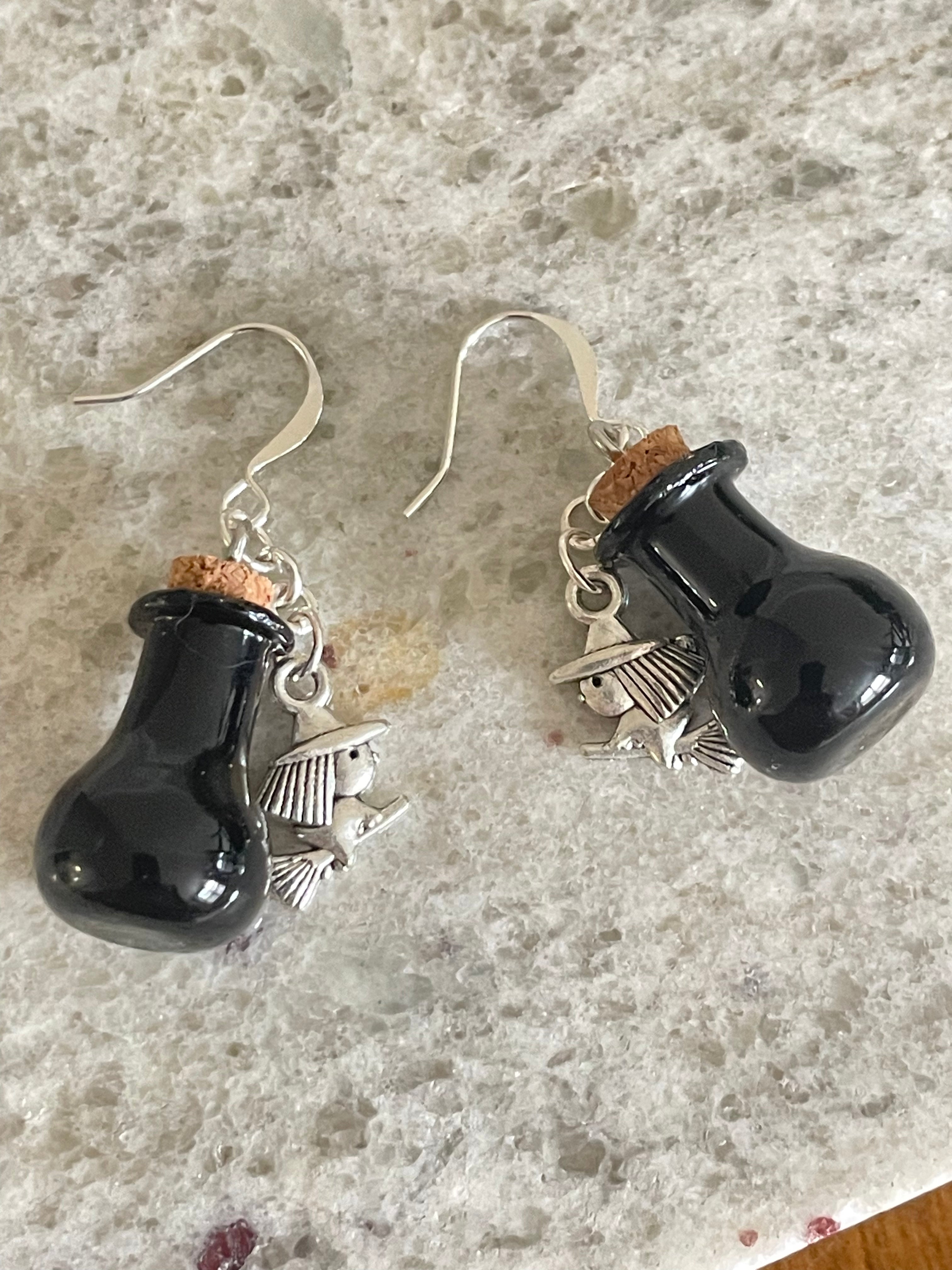 Black Glass Potion & Flying Witch Earrings Casual Women's Earrings Fun Halloween Spooky Vials Handmade