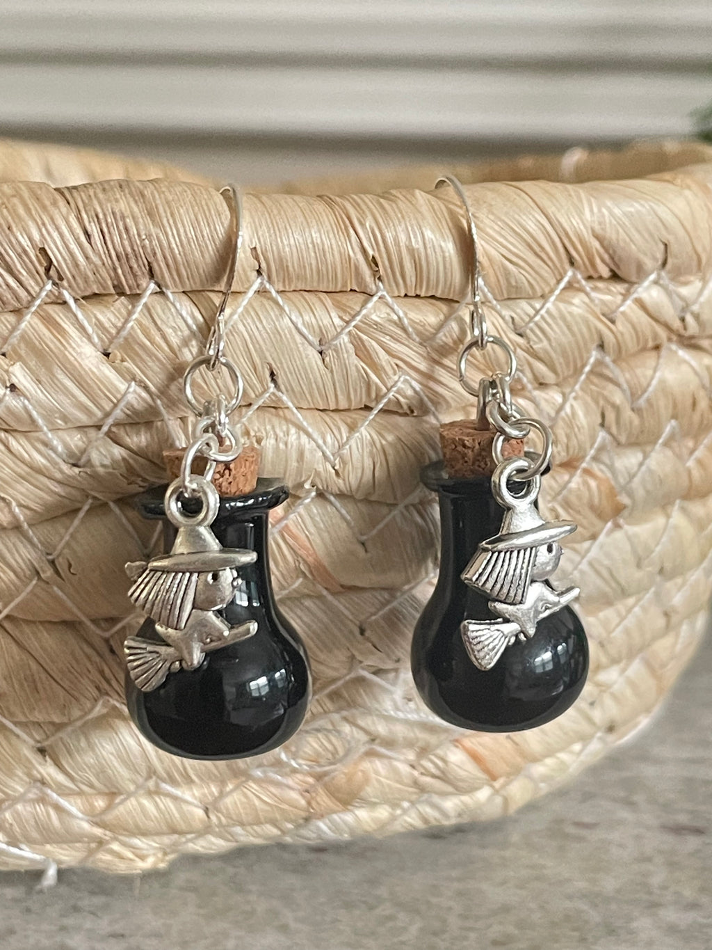 Black Glass Potion & Flying Witch Earrings Casual Women's Earrings Fun Halloween Spooky Vials Handmade