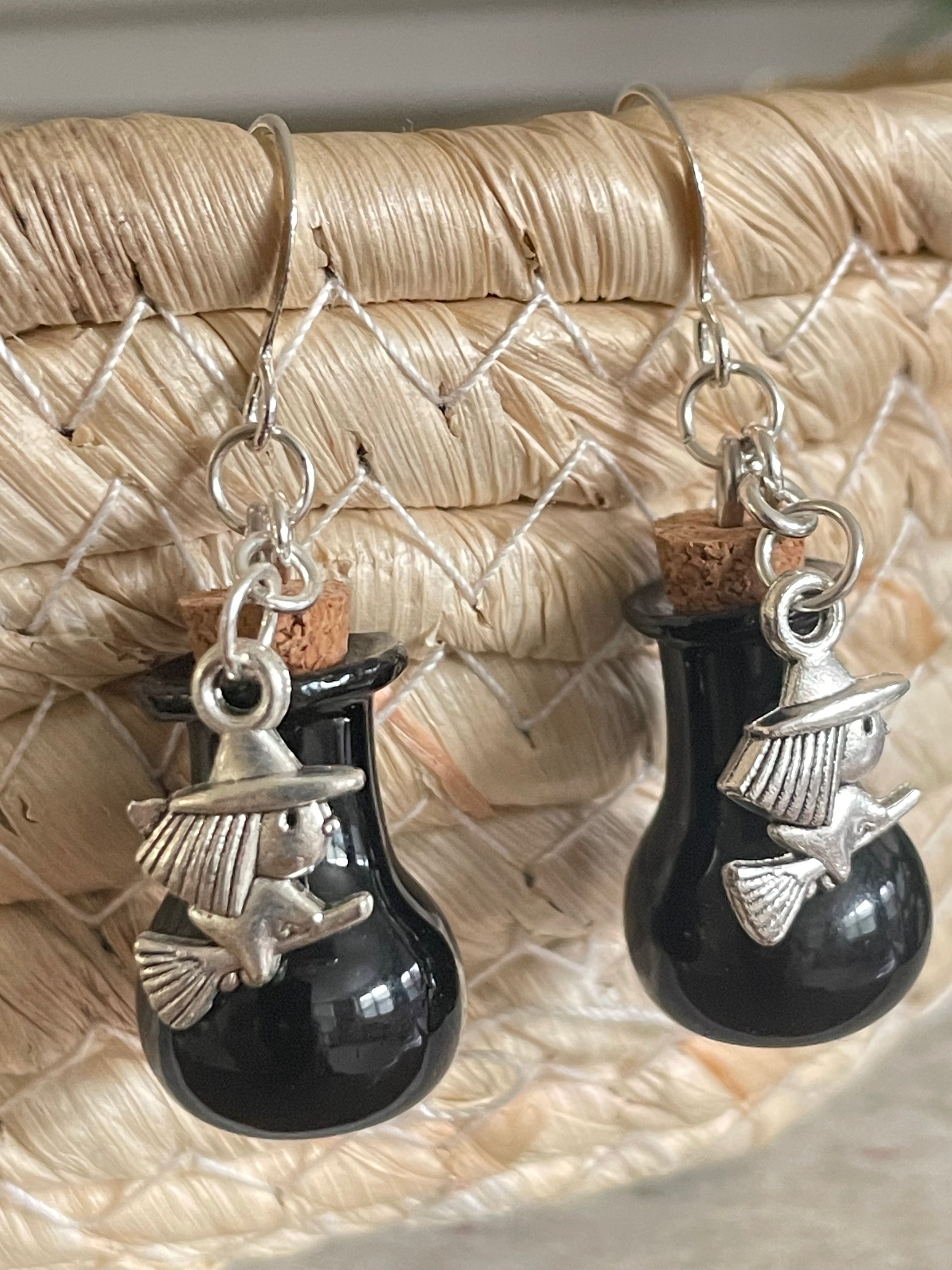 Black Glass Potion & Flying Witch Earrings Casual Women's Earrings Fun Halloween Spooky Vials Handmade