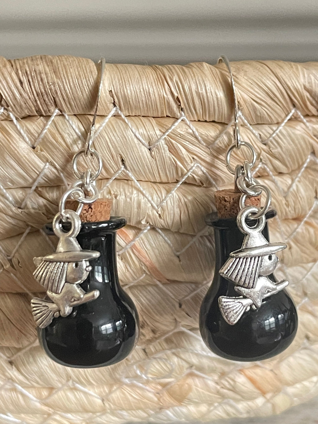 Black Glass Potion & Flying Witch Earrings Casual Women's Earrings Fun Halloween Spooky Vials Handmade