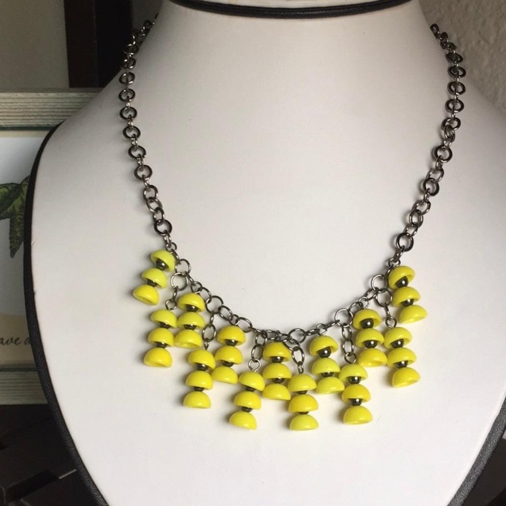 Bright Yellow Czech Glass & Chunky Gunmetal Chain Statement Necklace 17.5" Cocktail Party Evening