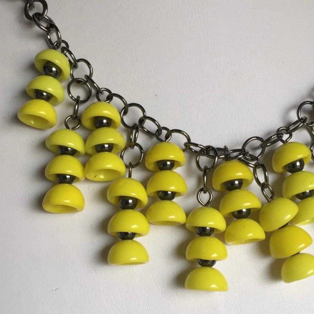 Bright Yellow Czech Glass & Chunky Gunmetal Chain Statement Necklace 17.5" Cocktail Party Evening--close up of beads & chain