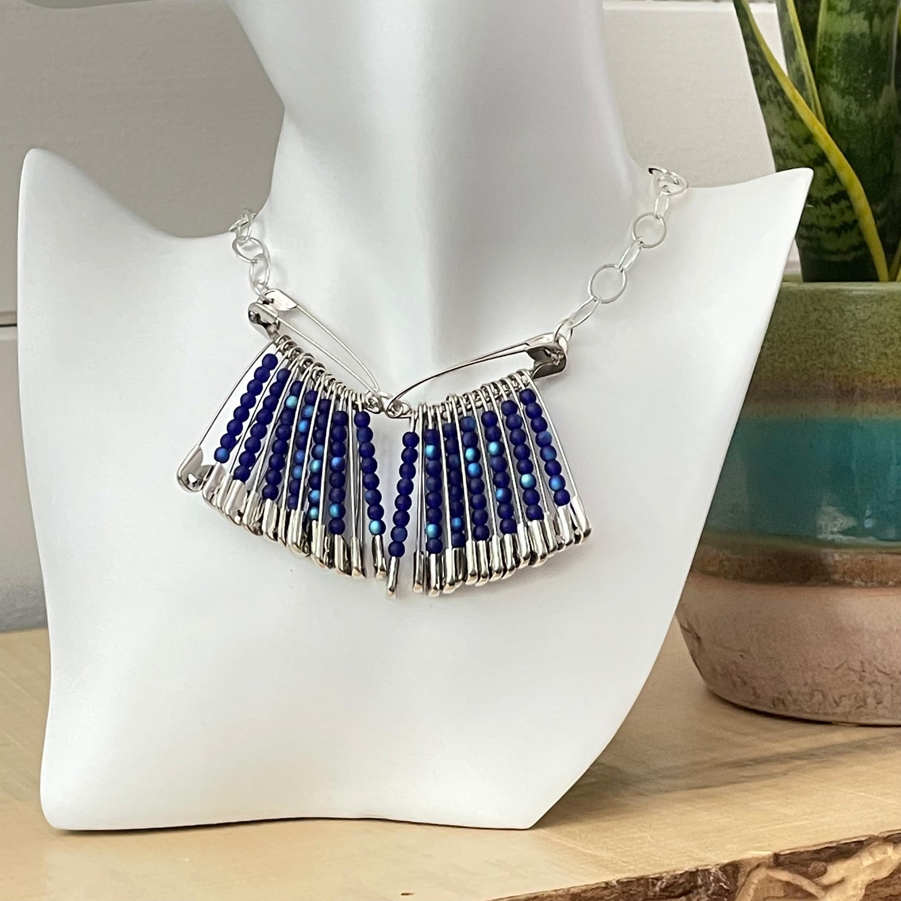 Blue Glass Bead & Safety Pin Statement Necklace 22" Chain Punk Rock Avant Garde Upcycle Repurposed front mannequin view