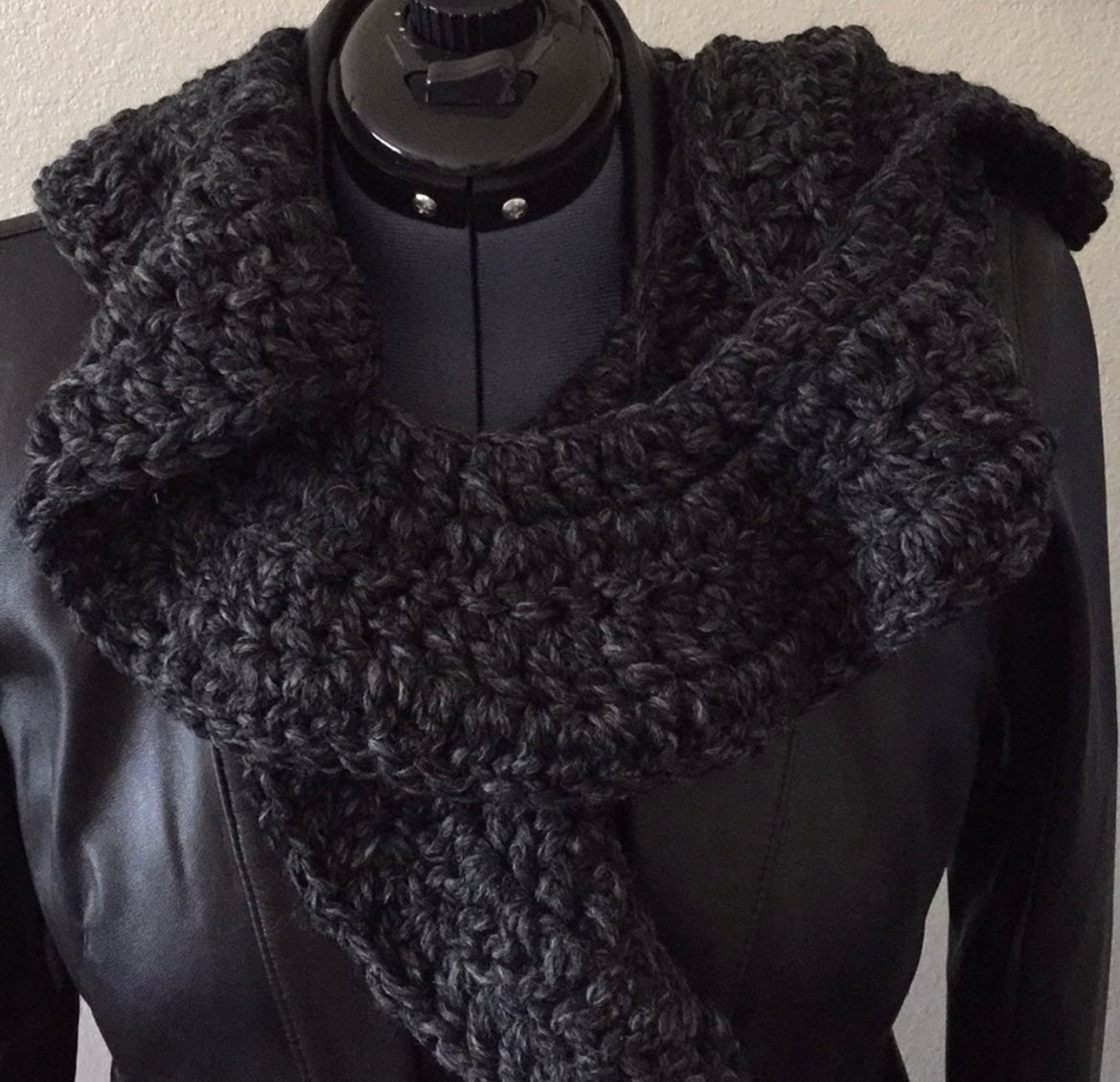 Extra Warm Crochet Knit Chunky Ruffle Scarf Hand Crafted Marbled Charcoal Grey Flirty Fall Winter--displayed on black leather jacket