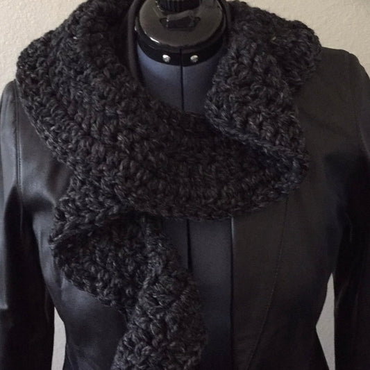 Extra Warm Crochet Knit Chunky Ruffle Scarf Hand Crafted Marbled Charcoal Grey Flirty Fall Winter--on black leather jacket