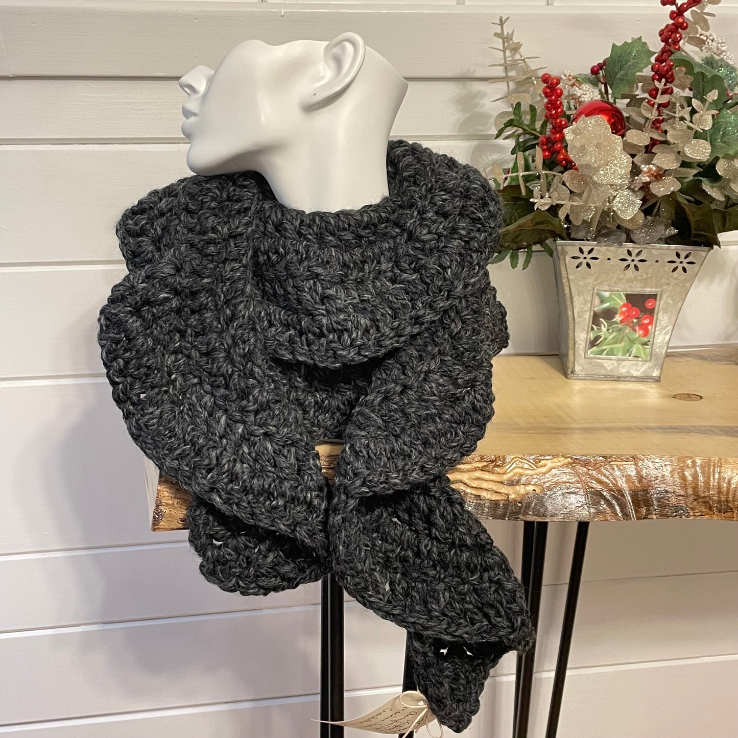 Extra Warm Crochet Knit Chunky Ruffle Scarf Hand Crafted Marbled Charcoal Grey Flirty Fall Winter on solid white bust