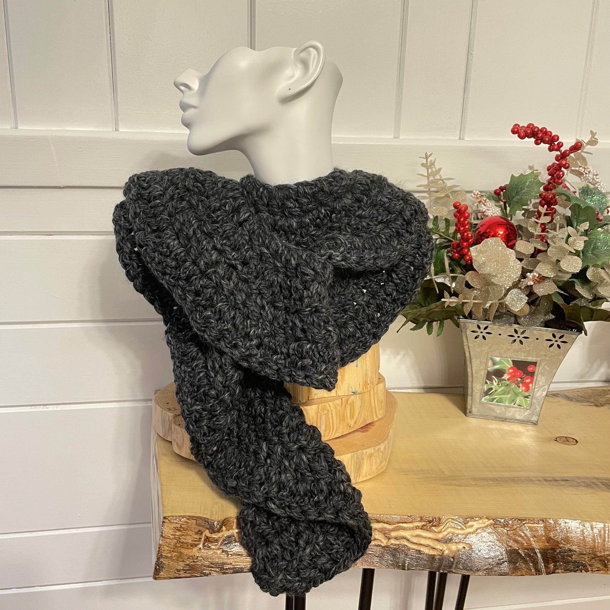 Extra Warm Crochet Knit Chunky Ruffle Scarf Hand Crafted Marbled Charcoal Grey Flirty Fall Winter