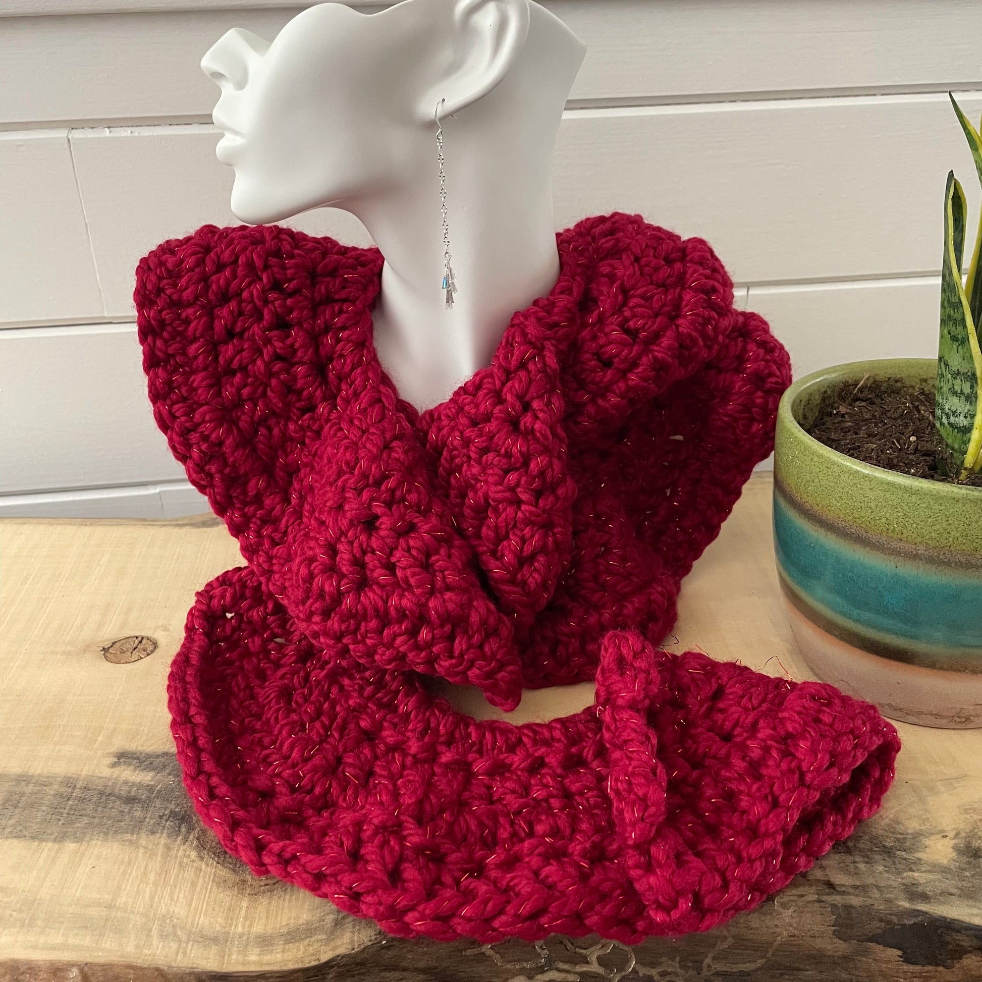 Extra Warm Crochet Knit Chunky Ruffled Scarf Hand Crafted Marbled Red Wine Maroon Metallic Accent Flirty Fall Winter