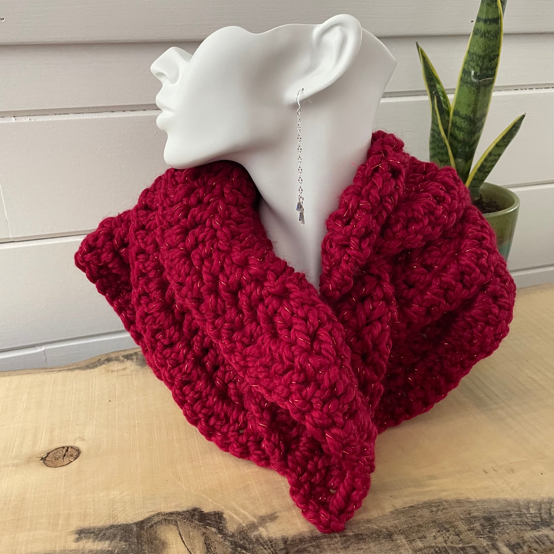 Extra Warm Crochet Knit Chunky Ruffled Scarf Hand Crafted Marbled Red Wine Maroon Metallic Accent Flirty Fall Winter--displayed on solid white bust