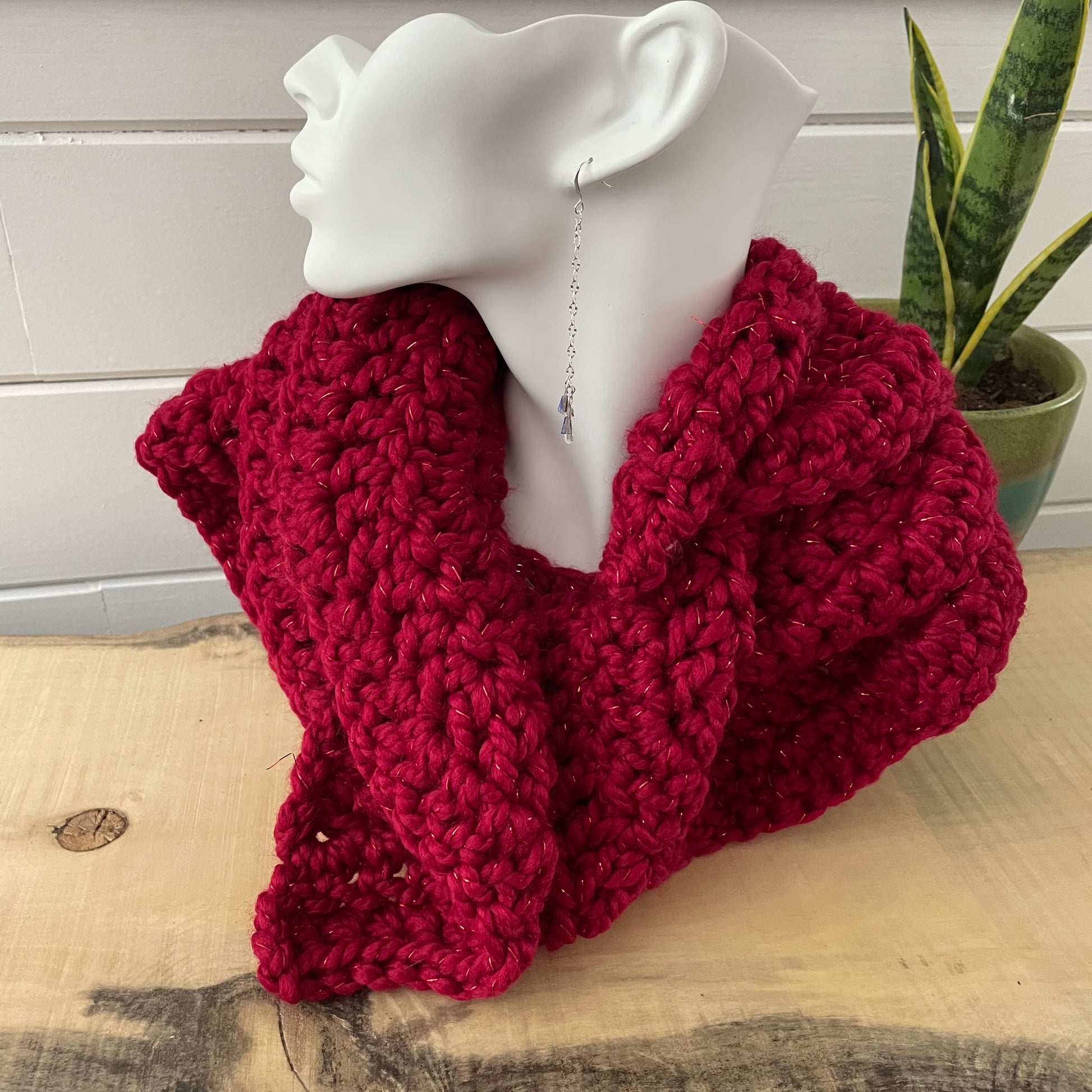 Extra Warm Crochet Knit Chunky Ruffled Scarf Hand Crafted Marbled Red Wine Maroon Metallic Accent Flirty Fall Winter--displayed on solid white mannequin