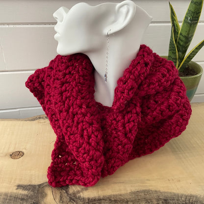 Extra Warm Crochet Knit Chunky Ruffled Scarf Hand Crafted Marbled Red Wine Maroon Metallic Accent Flirty Fall Winter--displayed on solid white mannequin