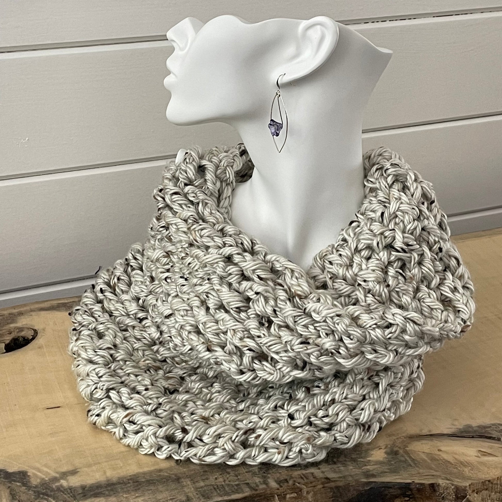 Extra Soft Marbled Wheat Chunky Cowl Infinity Scarf 13.5" Acrylic Rayon Blend Multicolor Hand Crochet Unisex Fall Winter--open throat view