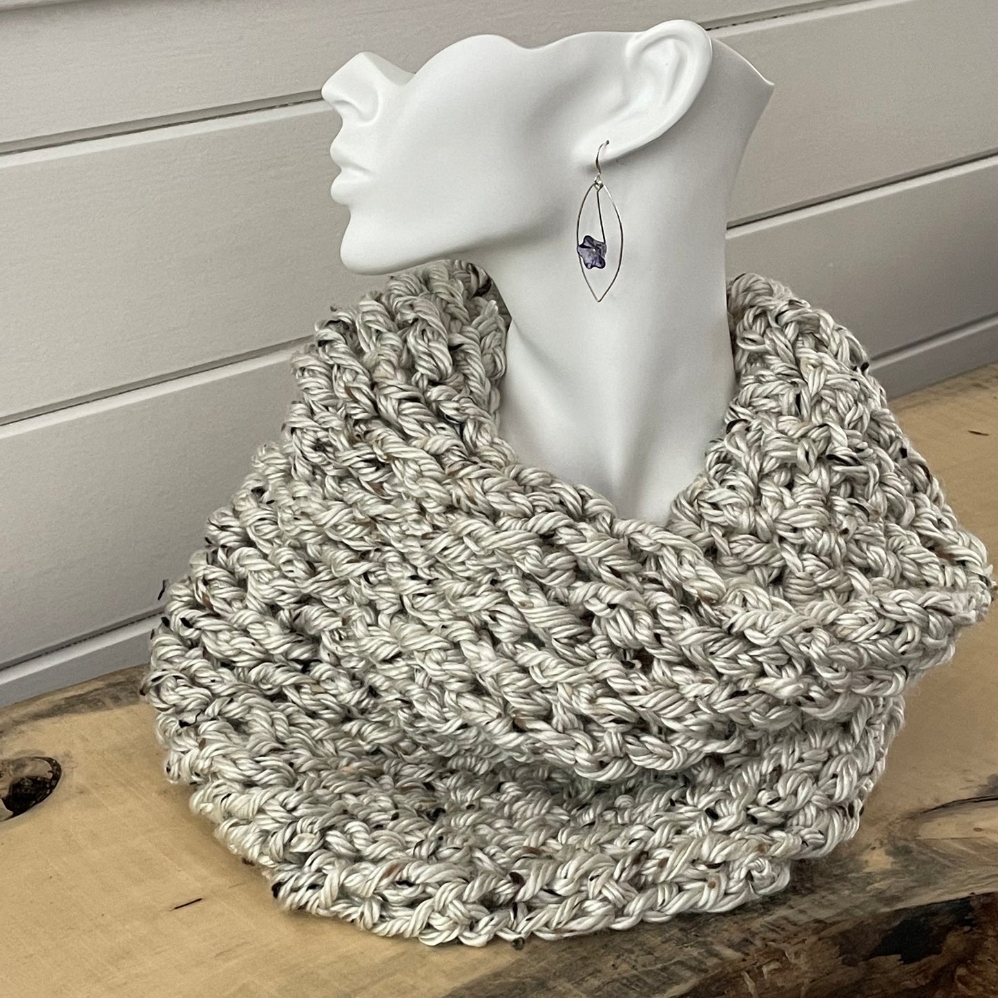 Extra Soft Marbled Wheat Chunky Cowl Infinity Scarf 13.5" Acrylic Rayon Blend Multicolor Hand Crochet Unisex Fall Winter displayed on a solid white bust 