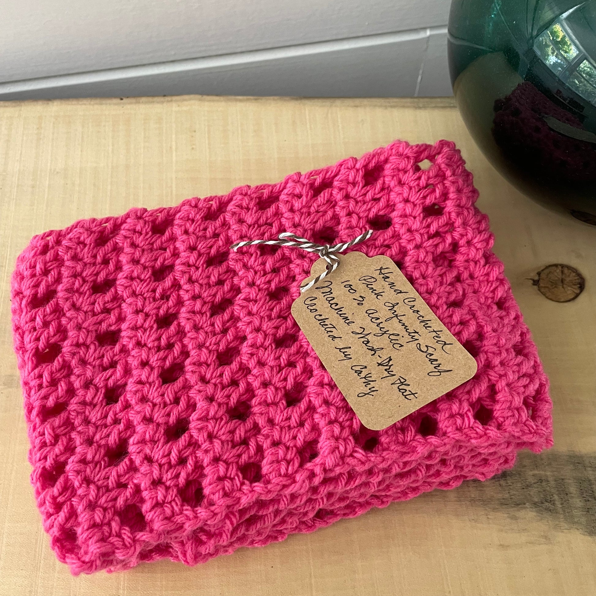 Neon Pink Infinity Scarf Crochet Knit Spring Fall Winter Hand Crafted Color Pop Retro Vintage Style--displayed folded