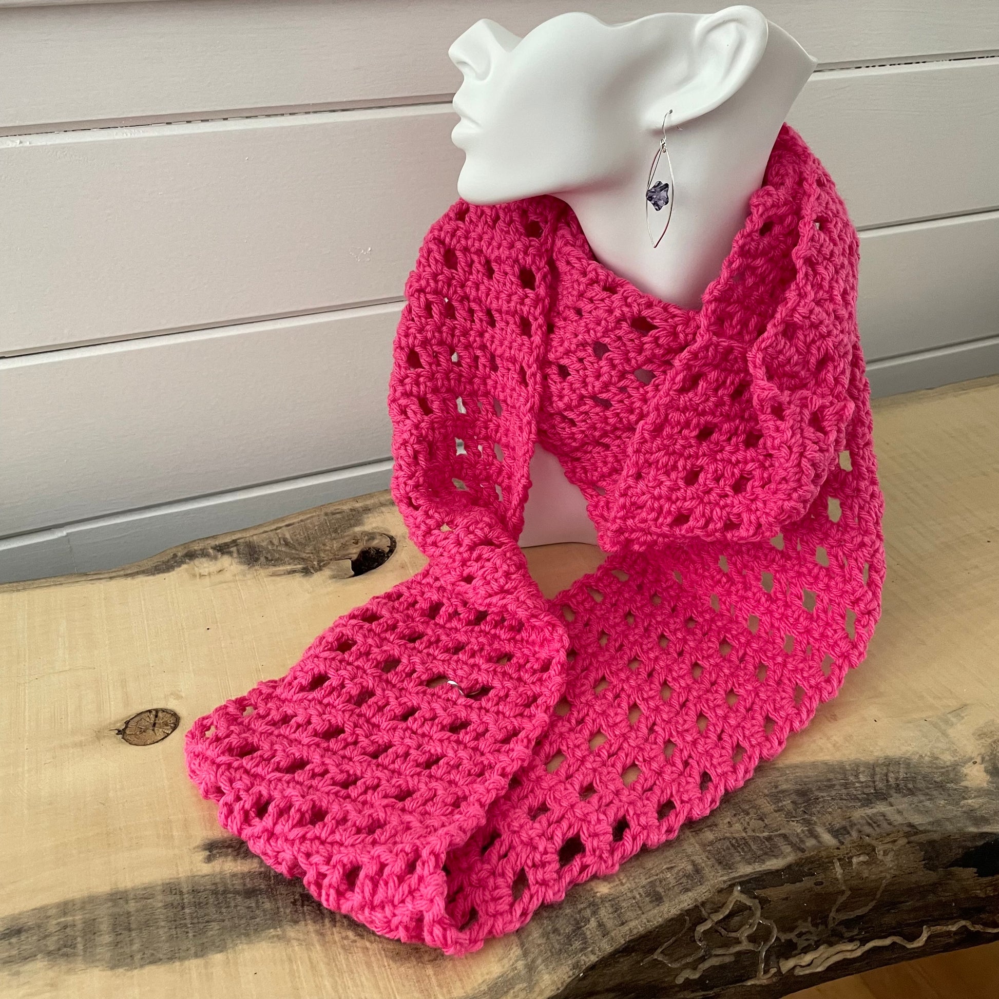 Neon Pink Infinity Scarf Crochet Knit Spring Fall Winter Hand Crafted Color Pop Retro Vintage Style