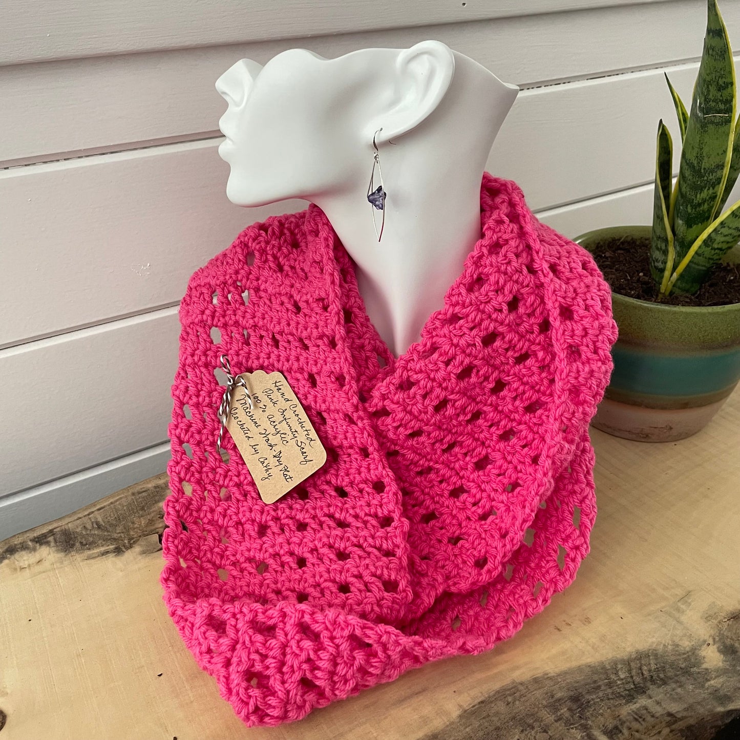 Neon Pink Infinity Scarf Crochet Knit Spring Fall Winter Hand Crafted Color Pop Retro Vintage Style