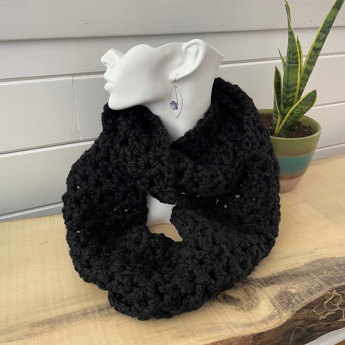 Extra Warm Black Infinity Scarf Wool Blend Crochet Knit Minimalist Unisex Hand Crafted Retro Vintage Style--displayed wrapped on a solid white mannequin