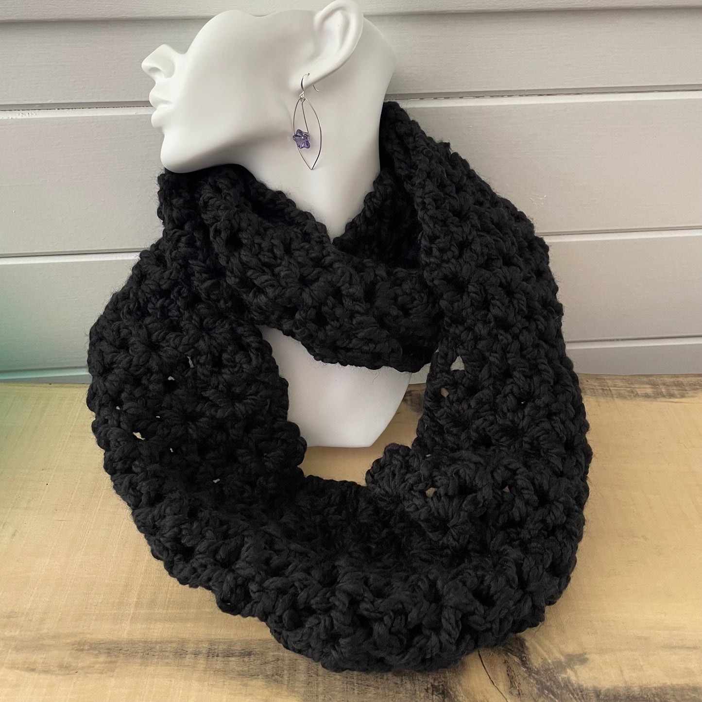 Extra Warm Black Infinity Scarf Wool Blend Crochet Knit Minimalist Unisex Hand Crafted Retro Vintage Style Media
