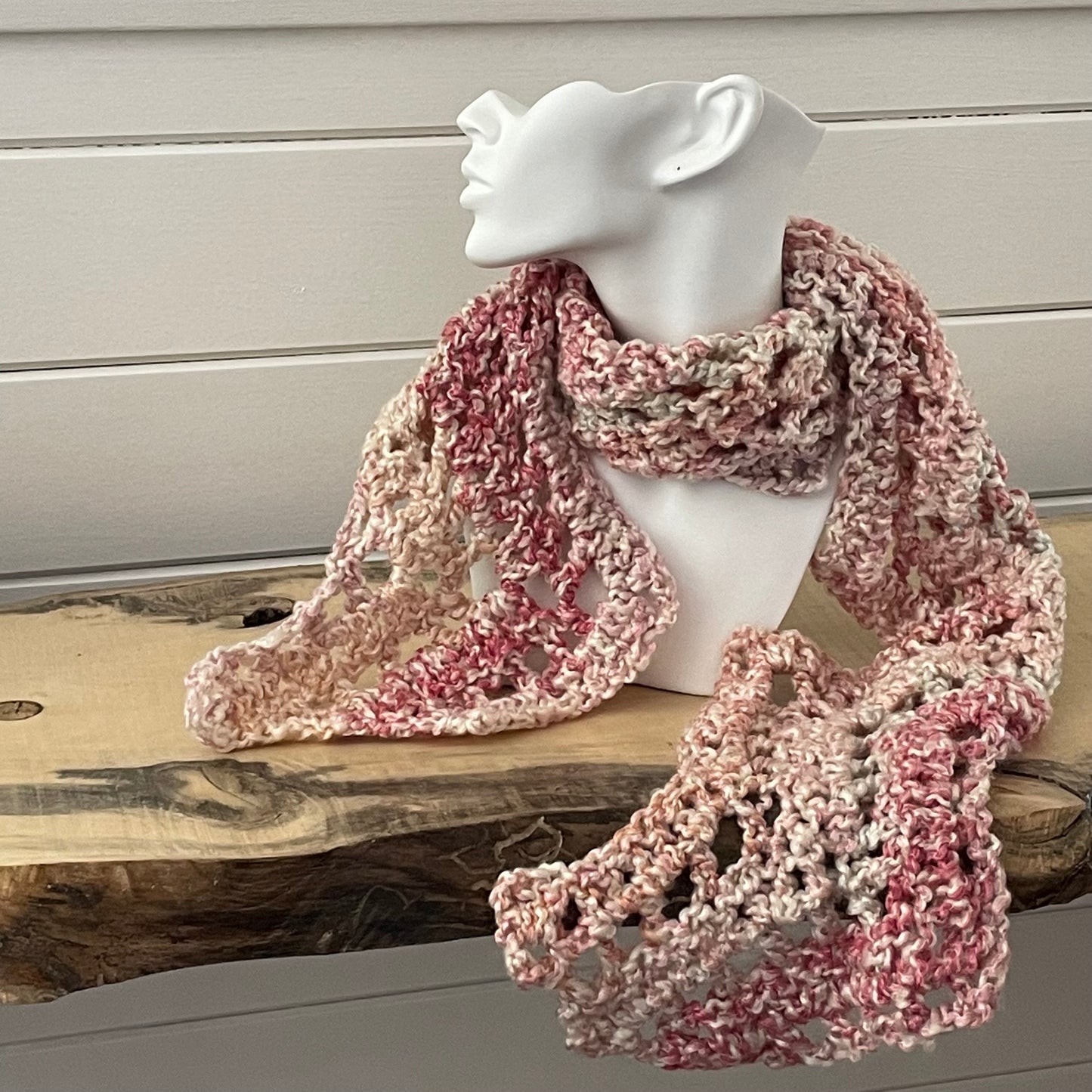 Extra Soft Pastel Pink Green & Cream Marbled Scarf Multicolor Crochet Knit Spring Fall Winter Flirty Geometric Hand Crafted--displayed on solid white mannequin