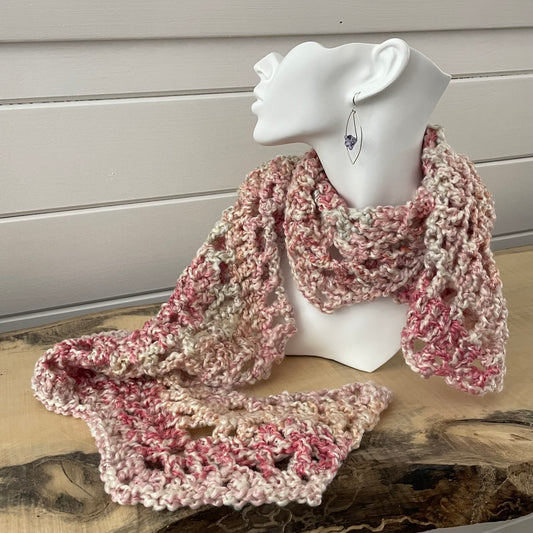 Extra Soft Pastel Pink Green & Cream Marbled Scarf Multicolor Crochet Knit Spring Fall Winter Flirty Geometric Hand Crafted--displayed on a solid white mannequin