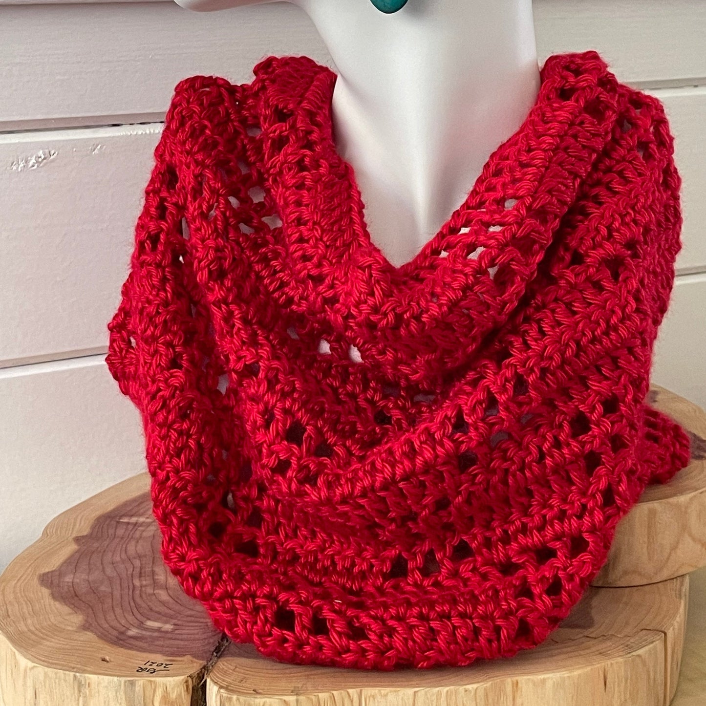 Lipstick Red Crochet Knit Cowl Scarf Extra Soft Unisex Handmade Bold Infinity Scarves Fall Winter Vintage Retro Style