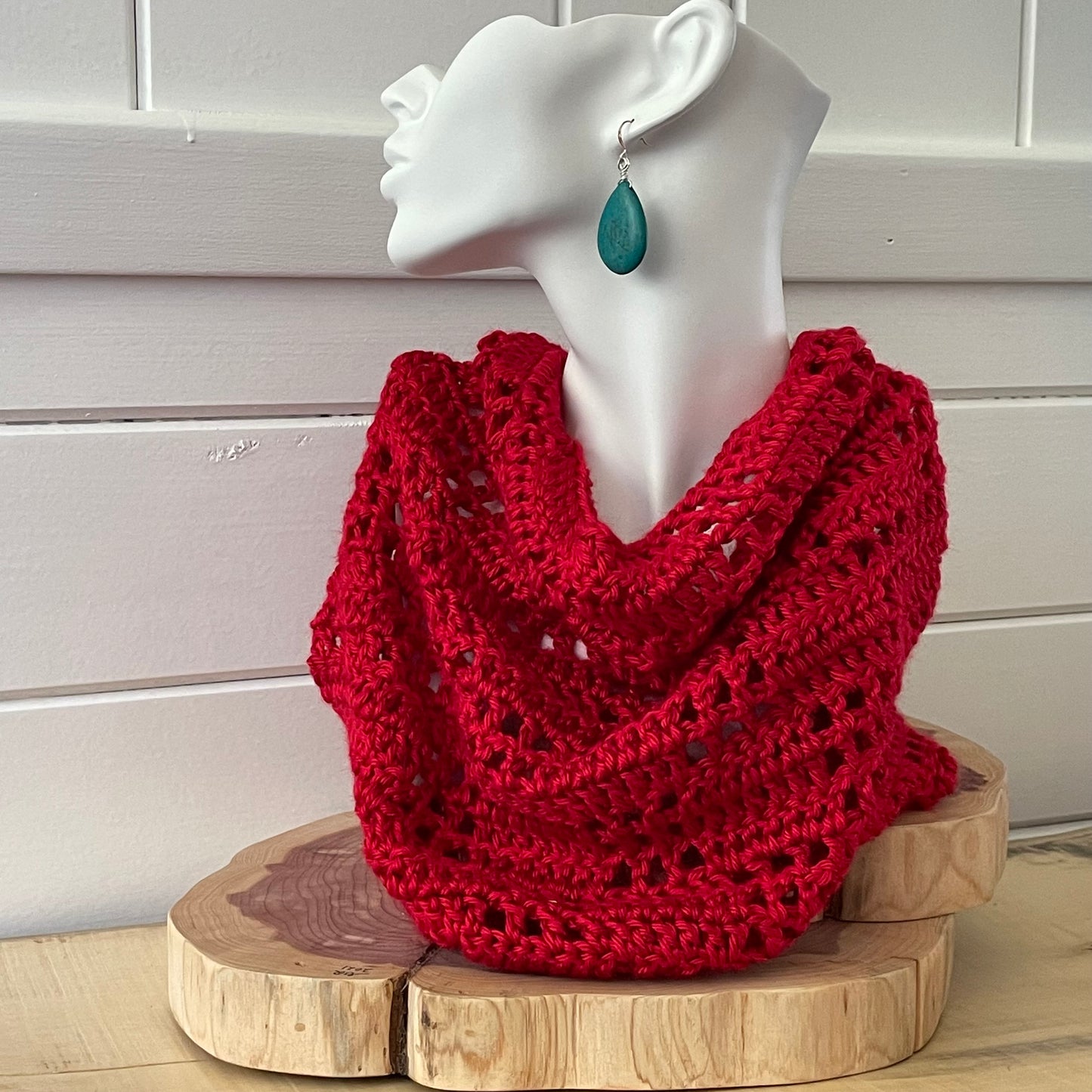 Lipstick Red Crochet Knit Cowl Scarf Extra Soft Unisex Handmade Bold Infinity Scarves Fall Winter Vintage Retro Style