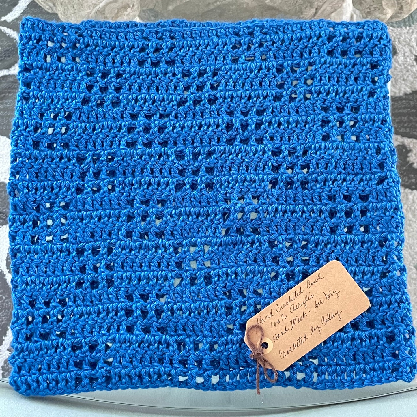 Cobalt Blue Crochet Knit Cowl Scarf Extra Soft Unisex Handmade Bold Infinity Scarves Fall Winter Vintage Retro Style