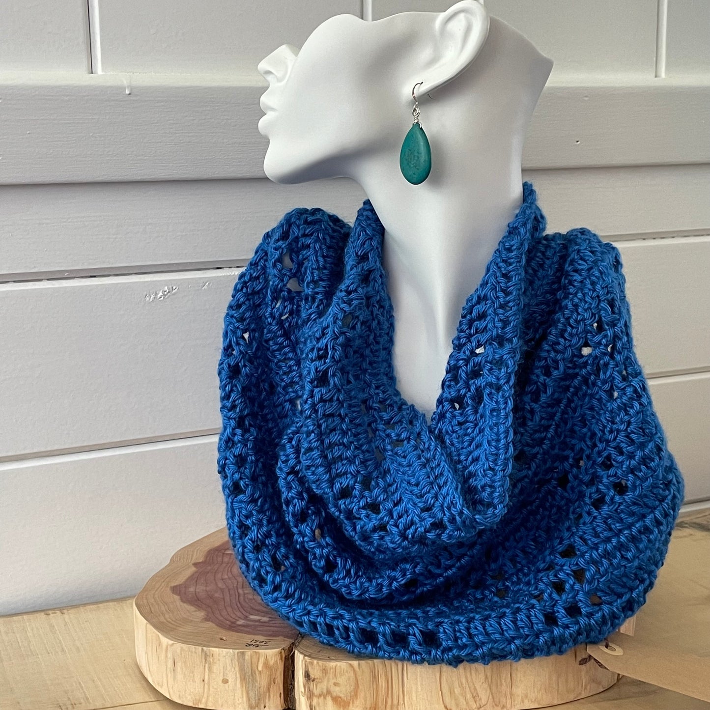 Cobalt Blue Crochet Knit Cowl Scarf Extra Soft Unisex Handmade Bold Infinity Scarves Fall Winter Vintage Retro Style