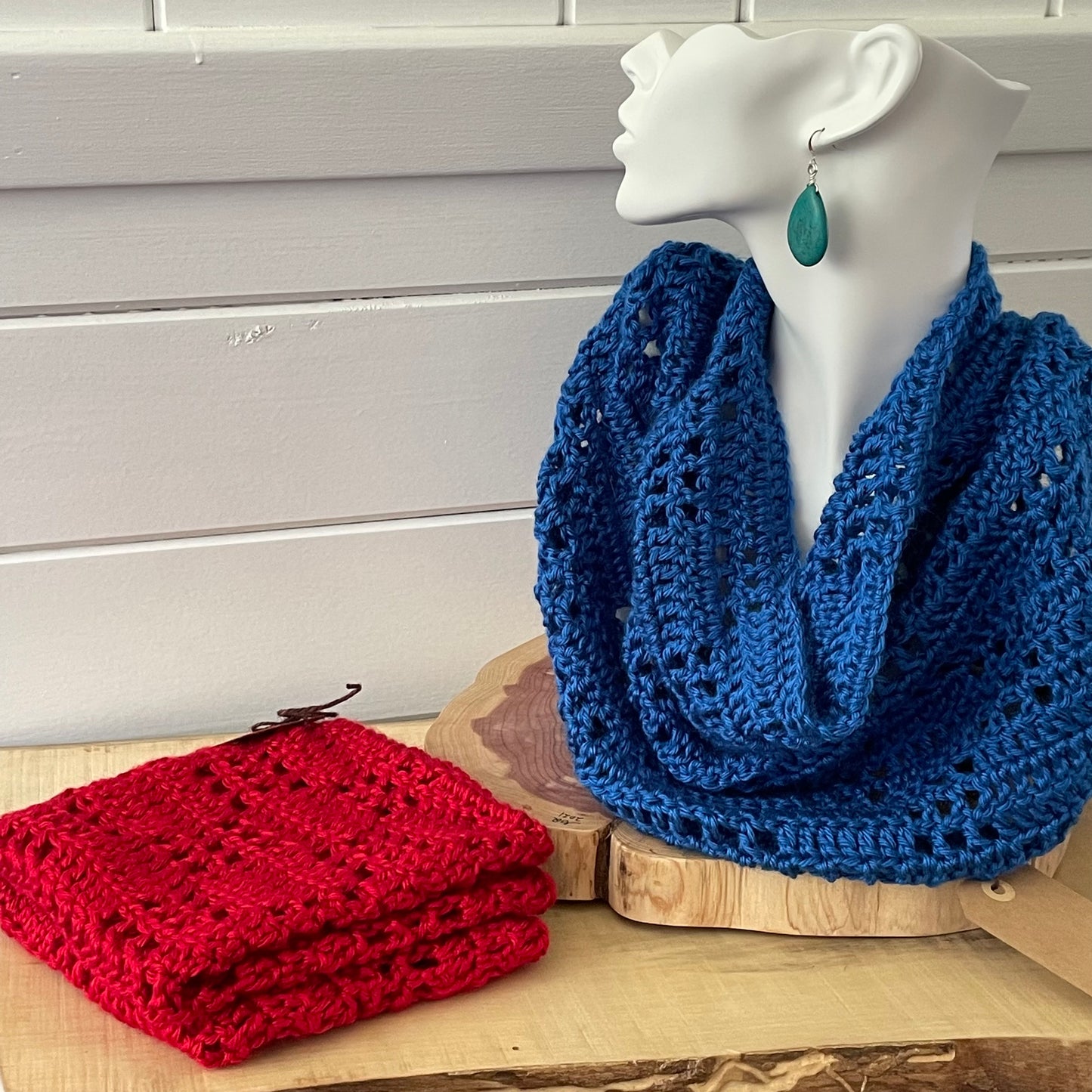 Cobalt Blue Crochet Knit Cowl Scarf Extra Soft Unisex Handmade Bold Infinity Scarves Fall Winter Vintage Retro Style